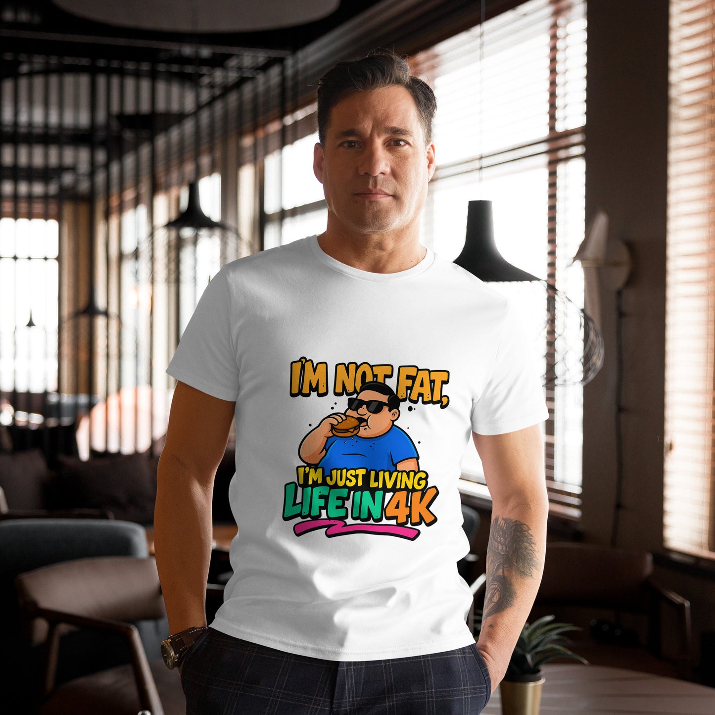 I’m Not Fat I’m Just Living Life in 4K funny novelty t shirt with cartoon design and burger graphic DTF print