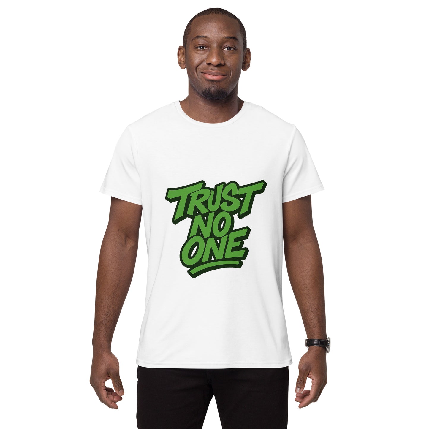 Trust No One printed on white streetwear t-shirt bold graphic
