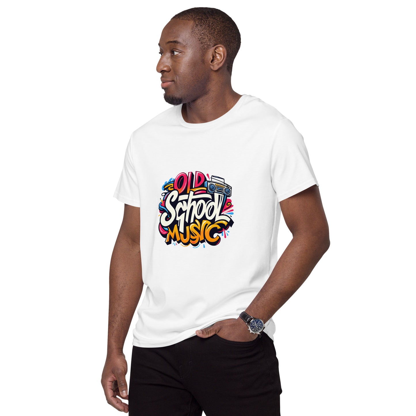 Old School Music T-shirt with graffiti-style retro design and boombox.
