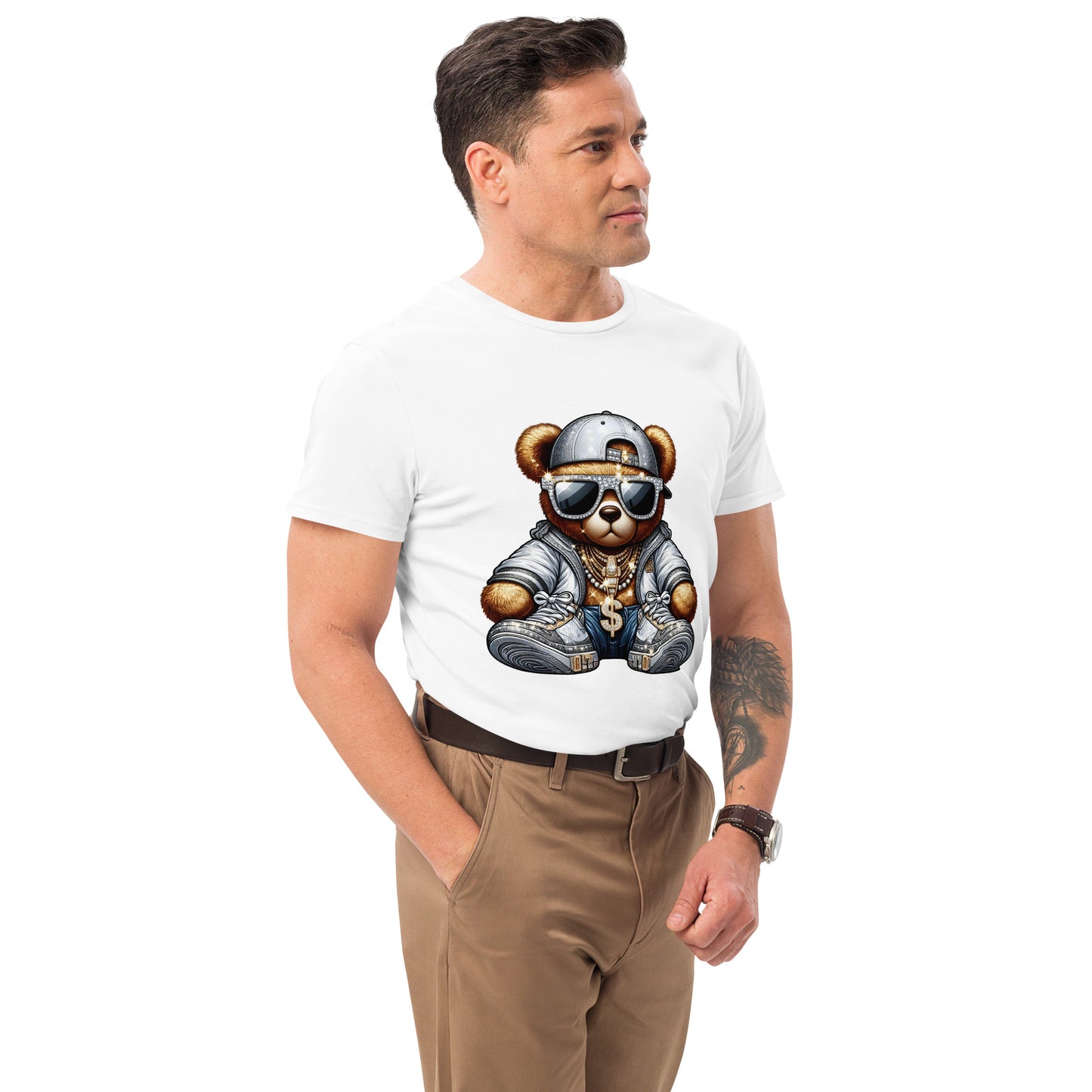 Gangster bear wearing grey streetwear outfit, gold chains, and sunglasses