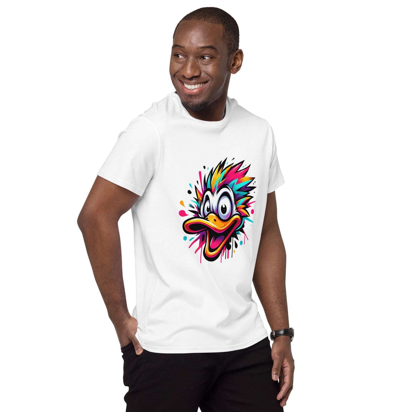 Funny colourful cartoon duck graphic on t-shirt for men and women.