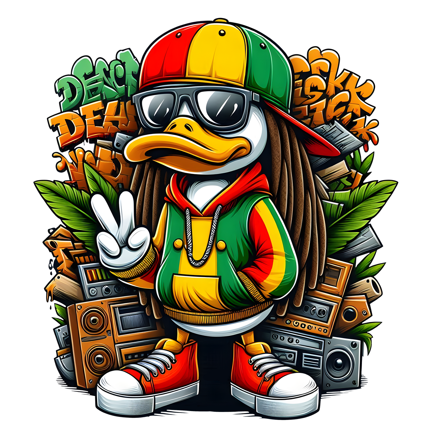 Cartoon reggae duck wearing rasta colours with boom box and peace sign