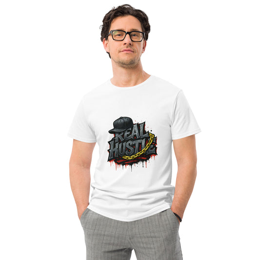 Real Hustle streetwear T shirt featuring cracked graffiti lettering, a snapback cap and gold chain artwork, printed with high quality DTF printing in the UK.