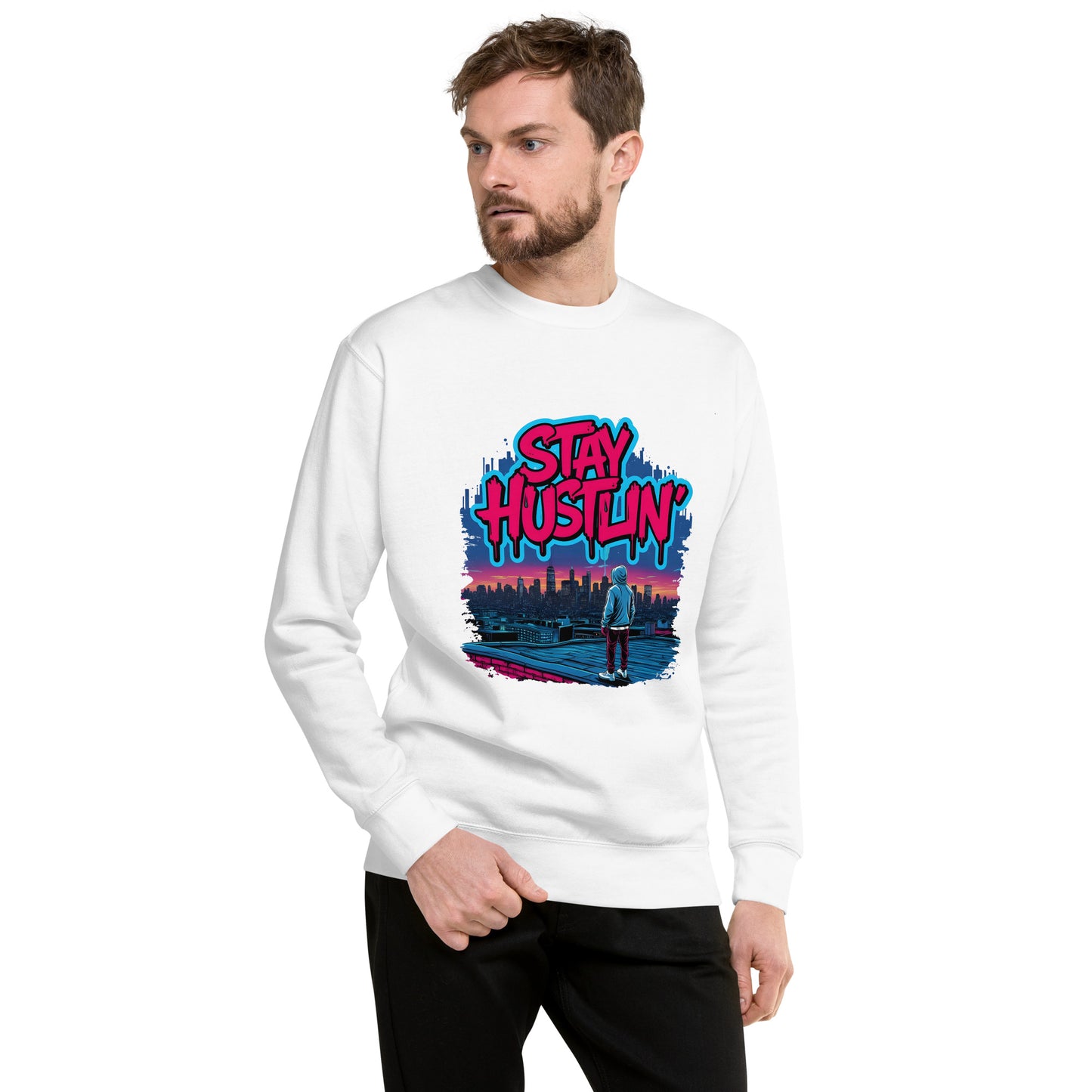 Model wearing Stay Hustlin’ unisex sweatshirt in a city setting, showcasing streetwear style