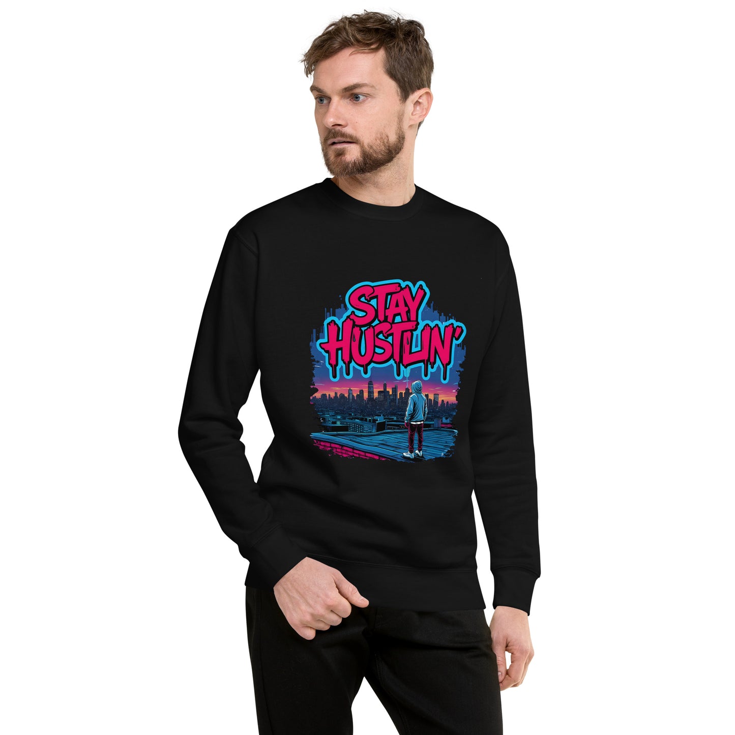 Stay hustlin graphic print showing neon pink graffiti text and skyline artwork.”