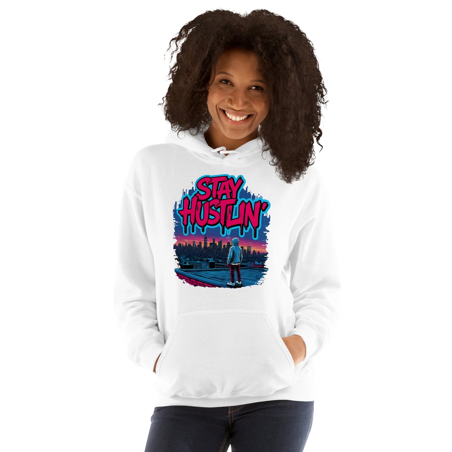 Model wearing Stay Hustlin’ hoodie in a UK street scene, showing everyday urban outfit style.