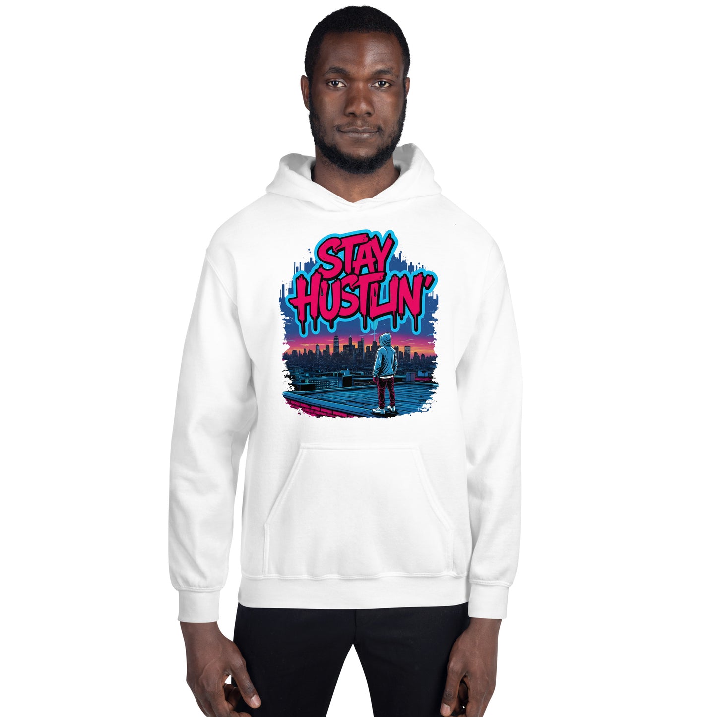 Stay Hustlin’ hoodie highlighting urban design, soft cotton-blend material, and quality stitching.