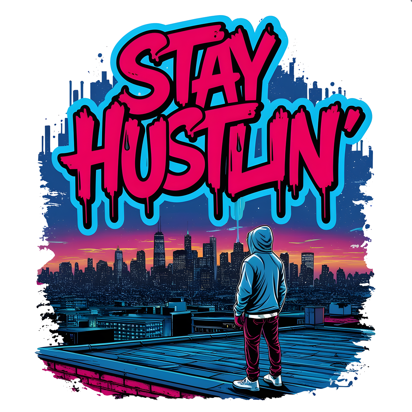 Stay Hustlin’ hoodie showing graffiti lettering and city skyline design – unisex streetwear style.