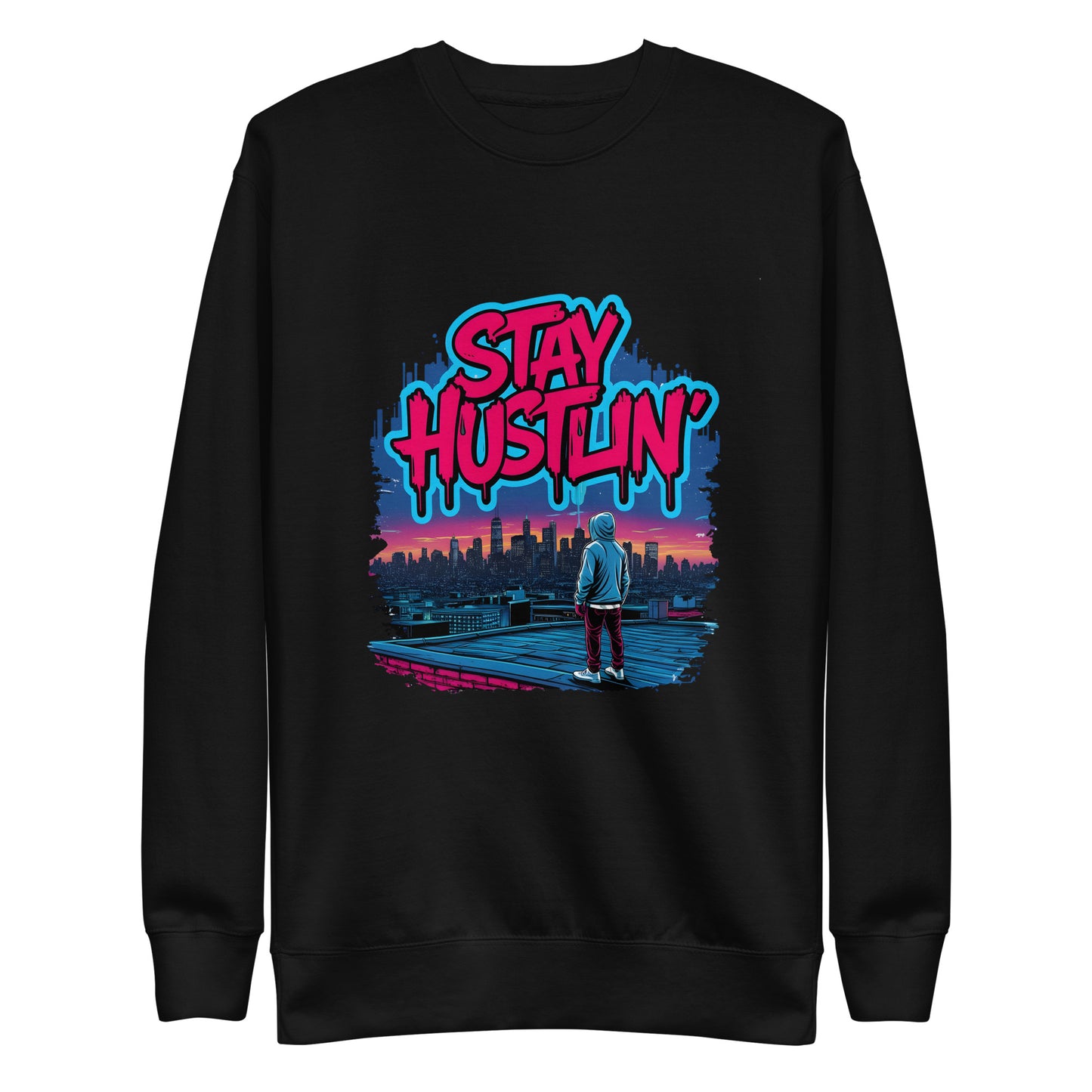 “Model wearing Stay Hustlin’ unisex sweatshirt in a city setting, showcasing streetwear style.”