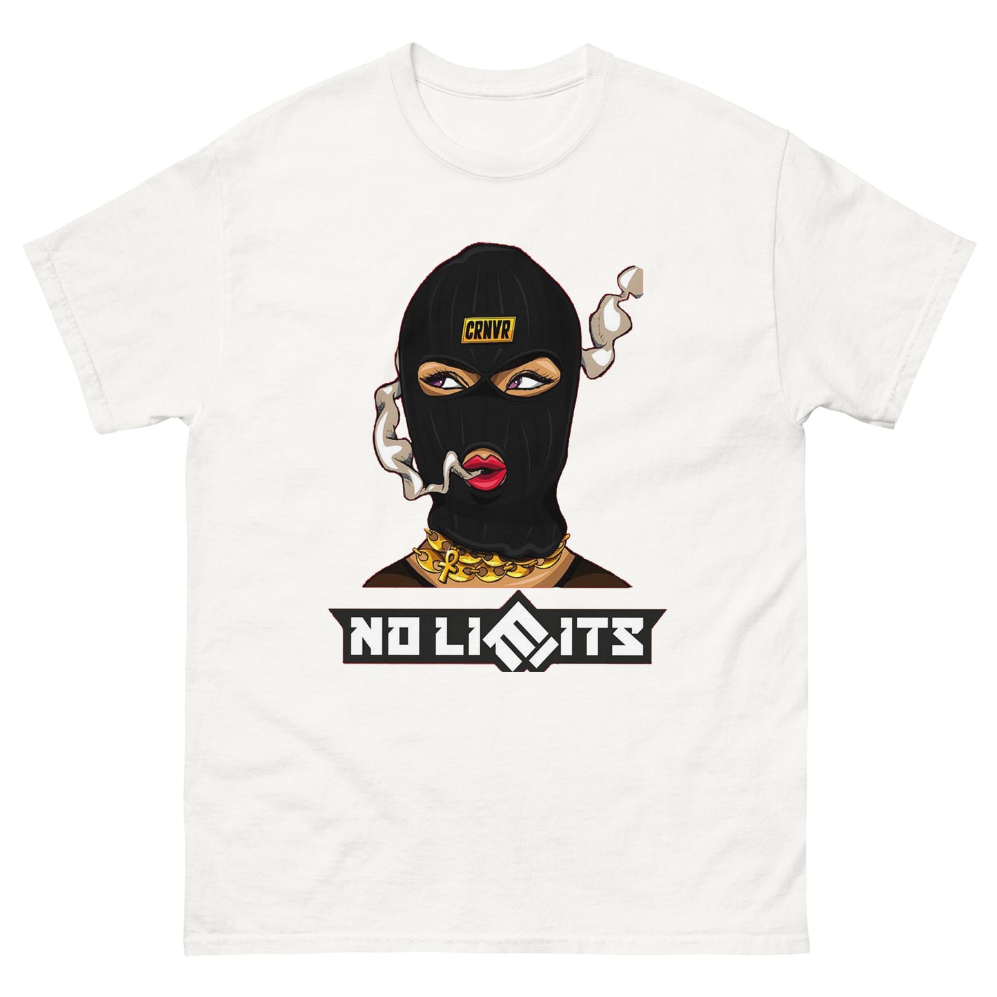 No Limits female masked character t-shirt design with bold text, smoke detail, and gold jewellery.