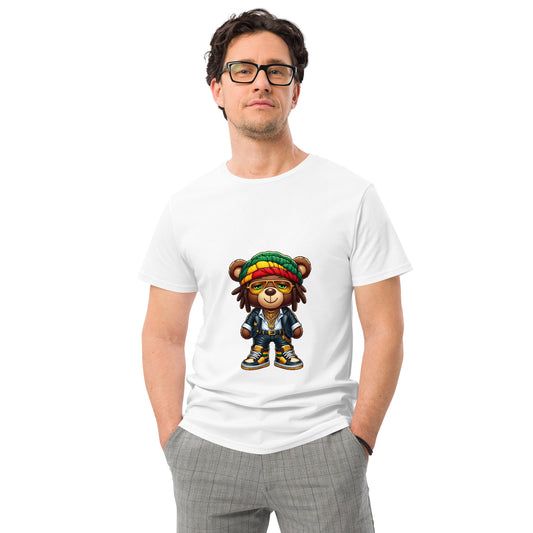 Rasta Bear T shirt featuring a colourful reggae-inspired cartoon bear in bold streetwear, ideal for fans of reggae culture and urban fashion and printed with high quality DTF printing in the UK.