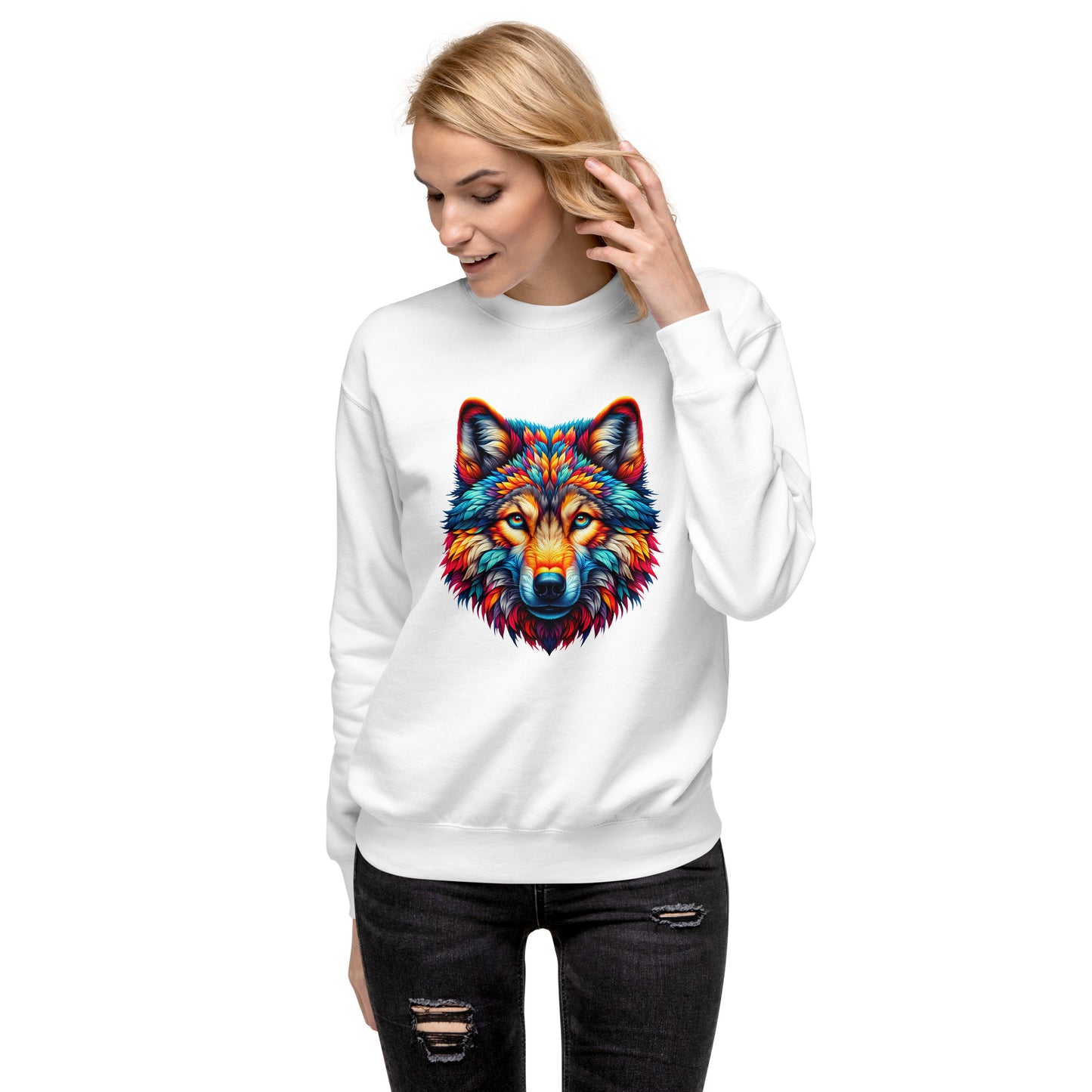 White sweatshirt with wolf graphic print – streetwear UK