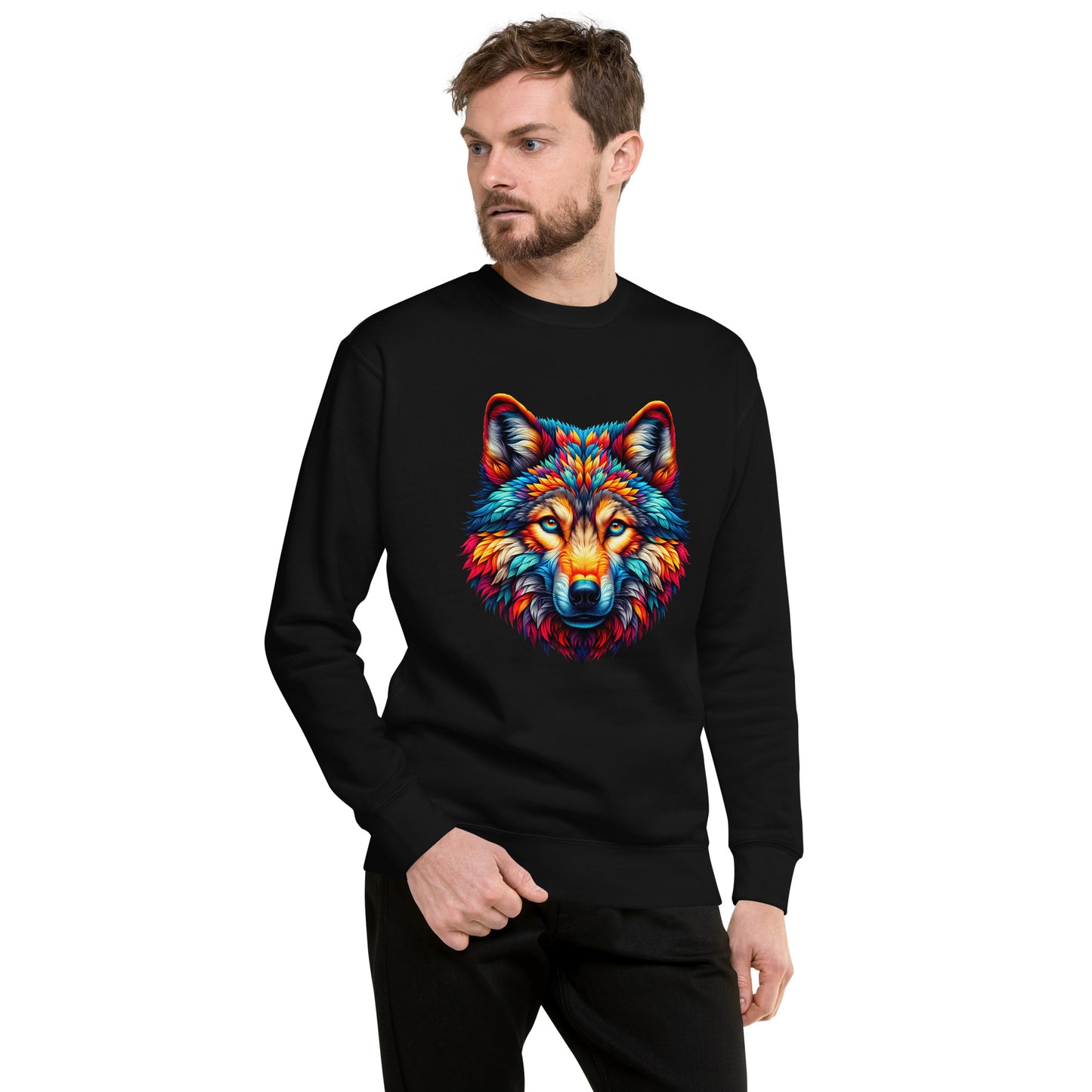 Black sweatshirt with colourful wolf graphic print – streetwear fashion UK