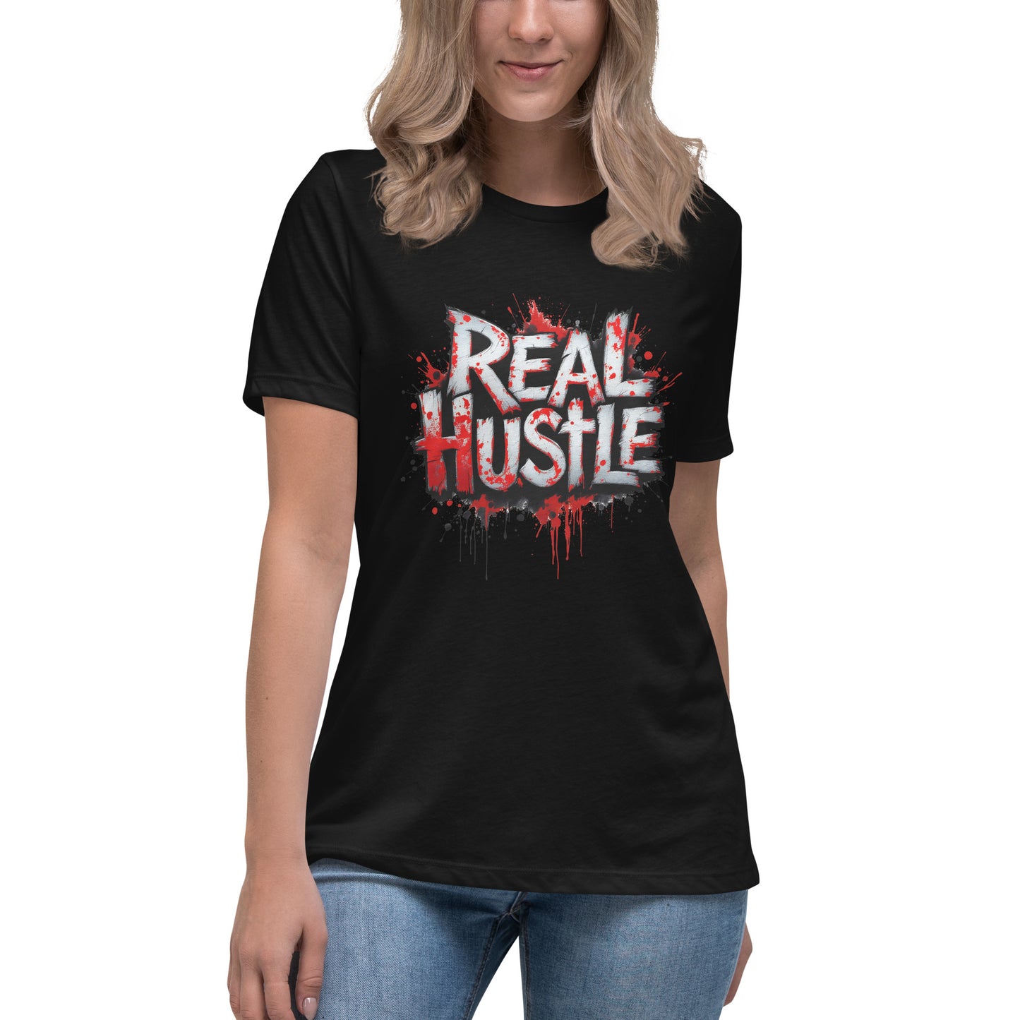 real hustle printed t shirt with graffiti style lettering, paint splatter effects and bold urban street art graphic