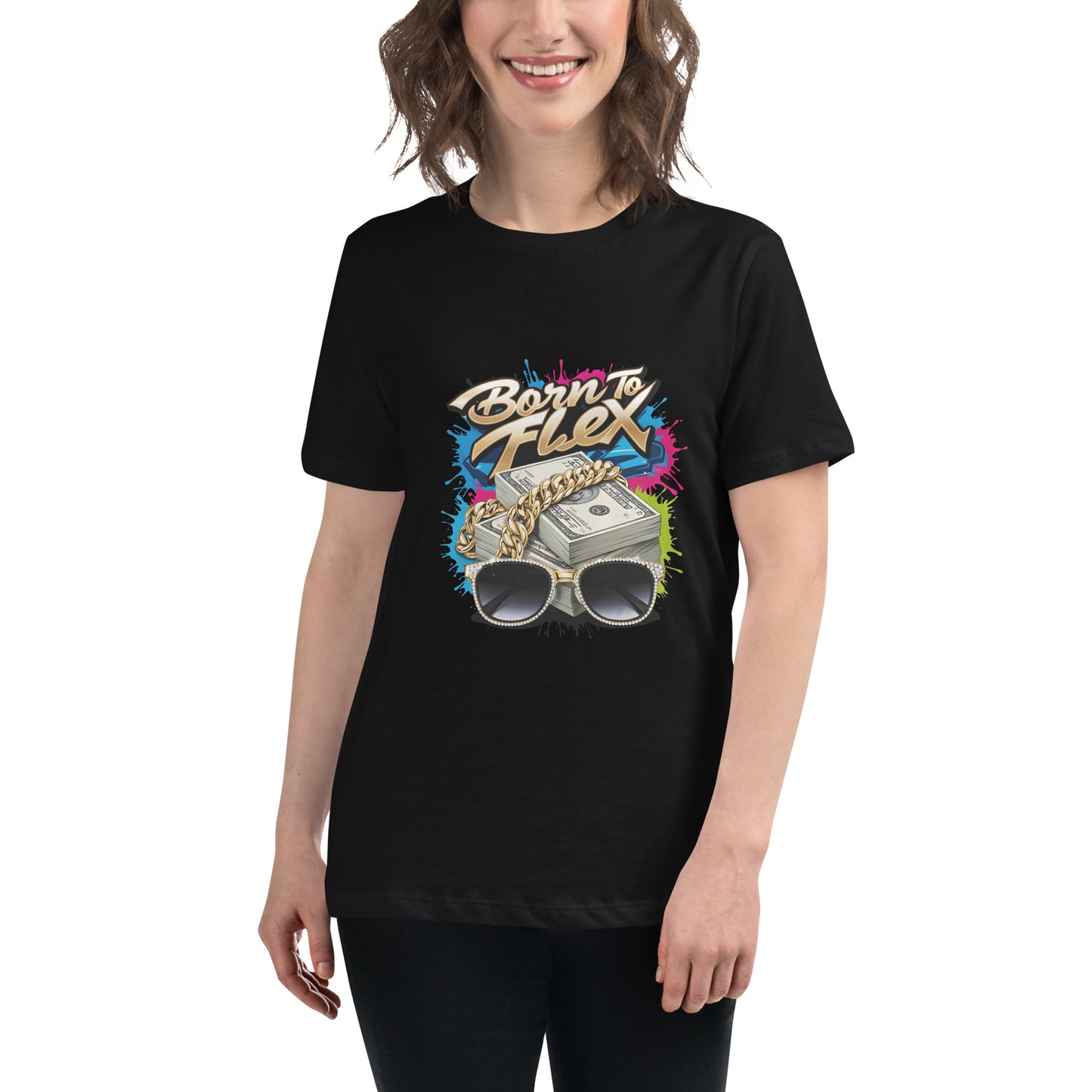 Born to Flex money graphic t-shirt design featuring cash, gold chain and sunglasses in bold streetwear style.