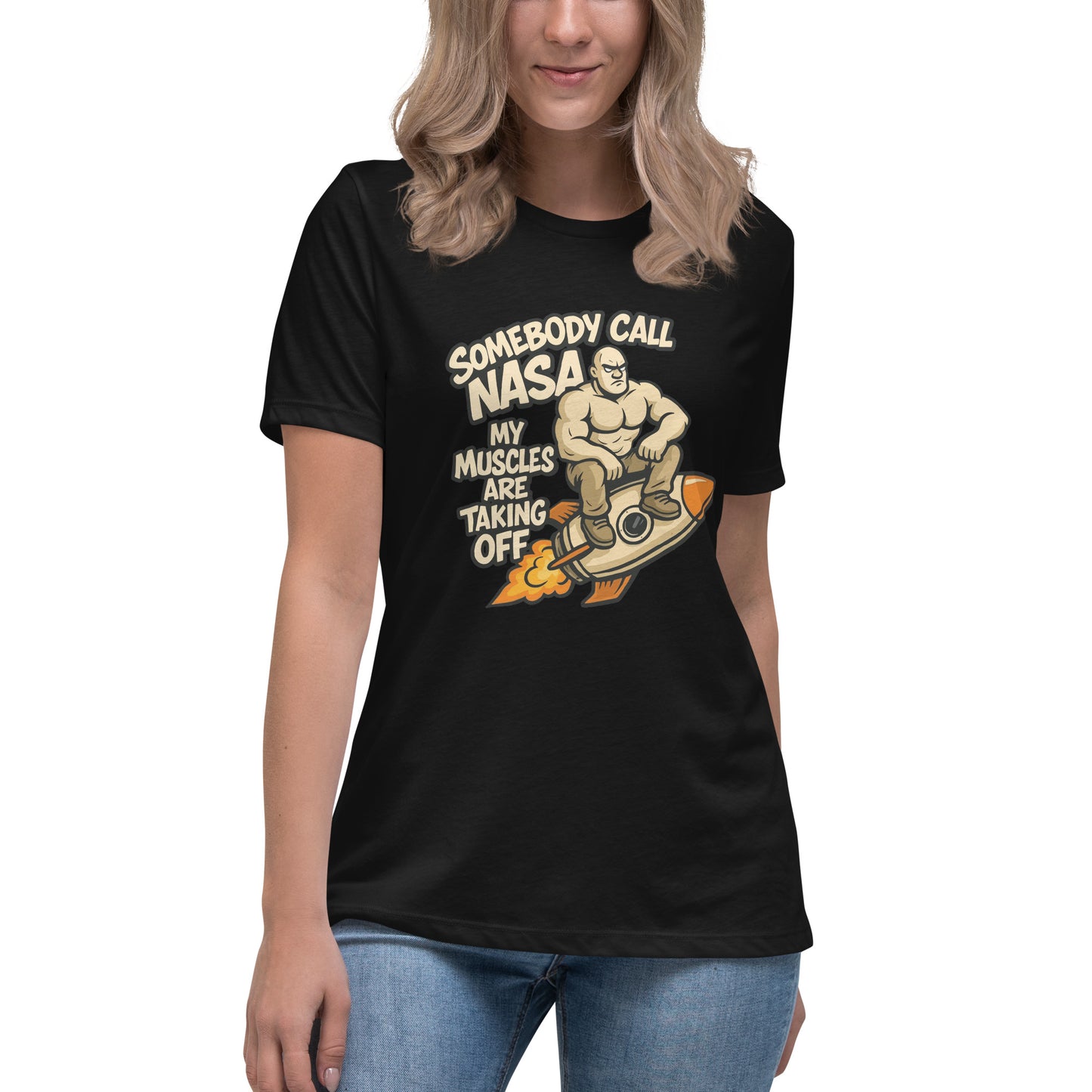 Somebody Call NASA My Muscles Are Taking Off T shirt design featuring a muscular cartoon character riding a rocket, created for funny gym apparel, fitness humour clothing and professionally printed with high quality DTF printing in the UK