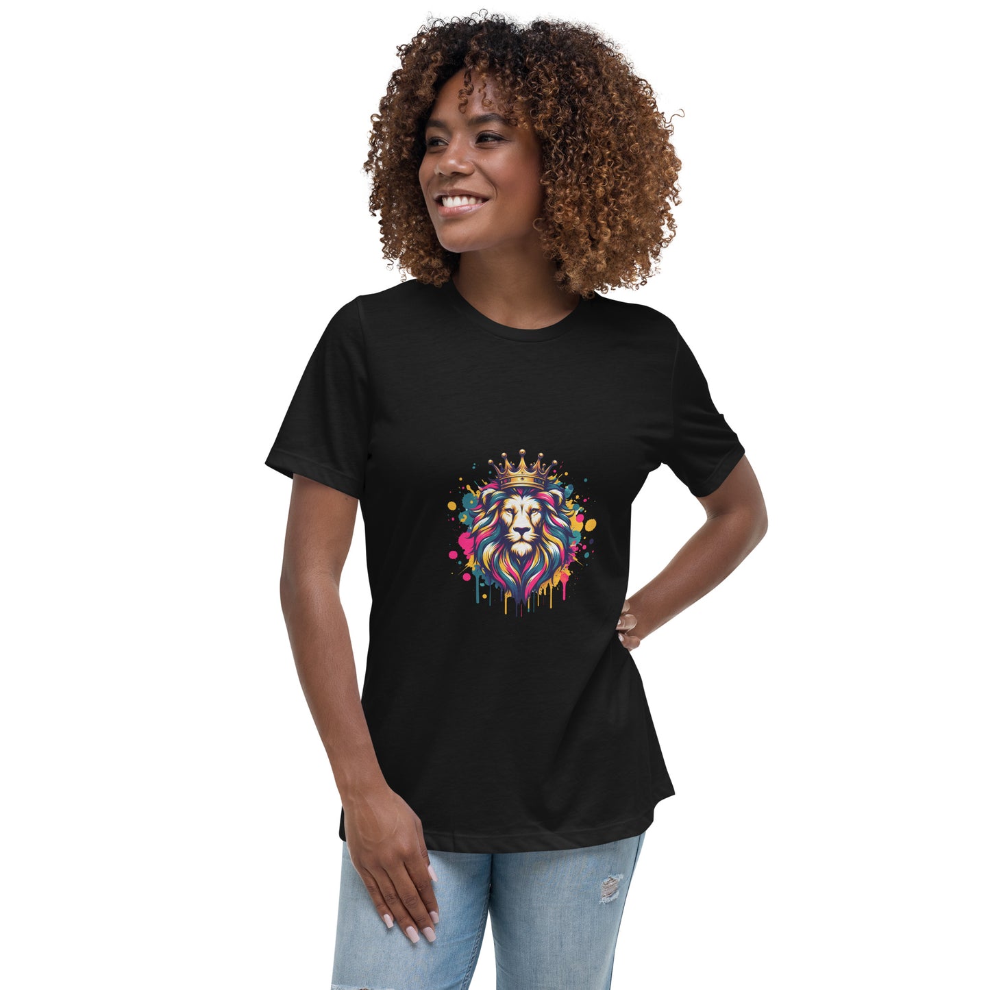 Crowned Lion T-shirt with colourful mane and vibrant splatter art