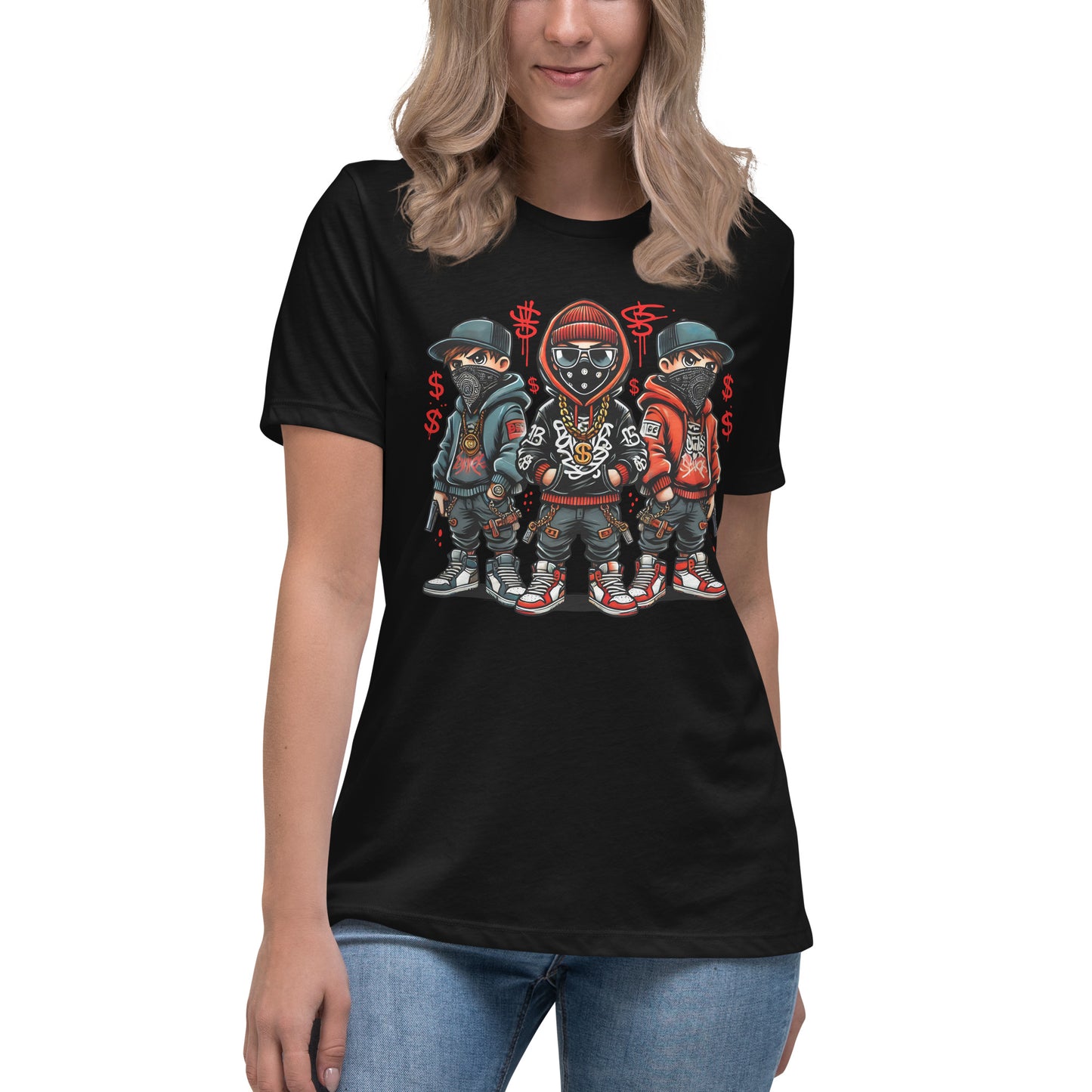 cartoon streetwear gangster trio t-shirt with graffiti money red black style