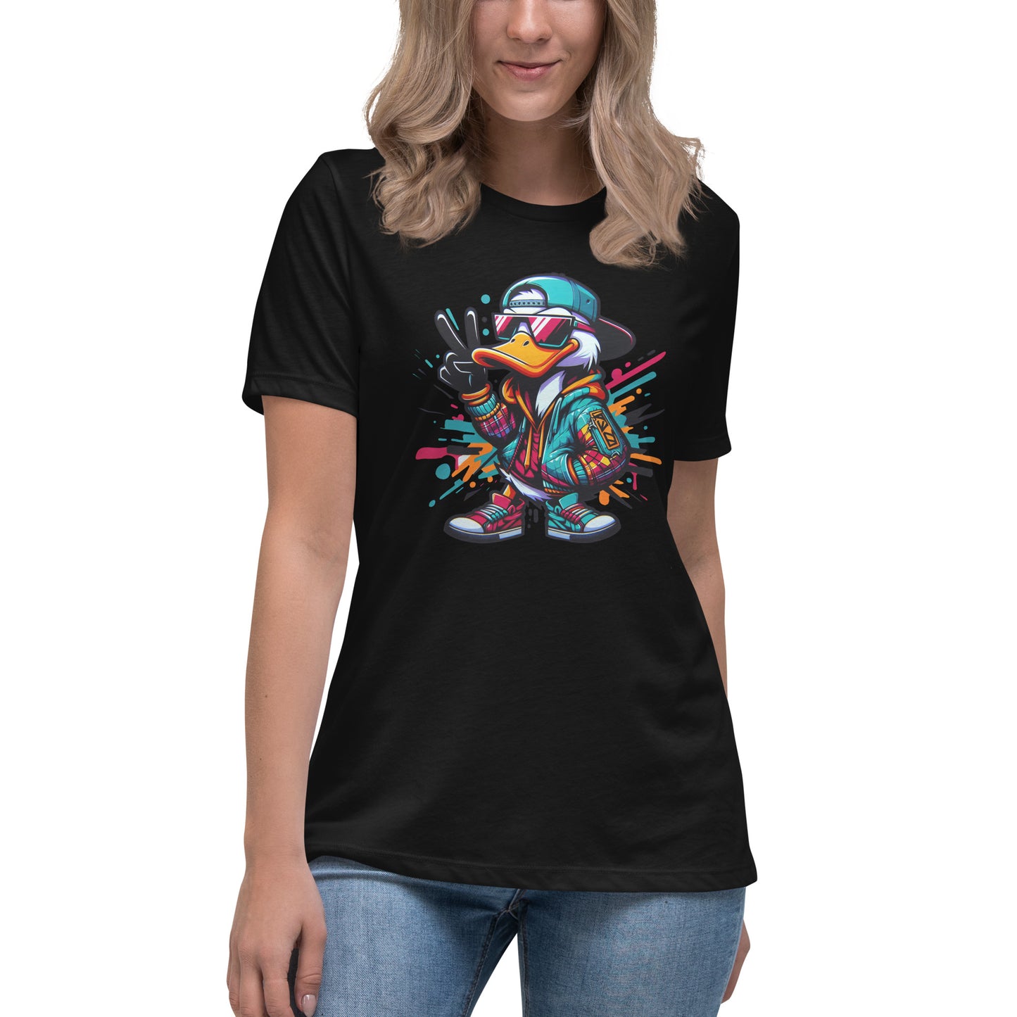 cool duck wearing cap sunglasses graffiti streetwear cartoon t-shirt design
