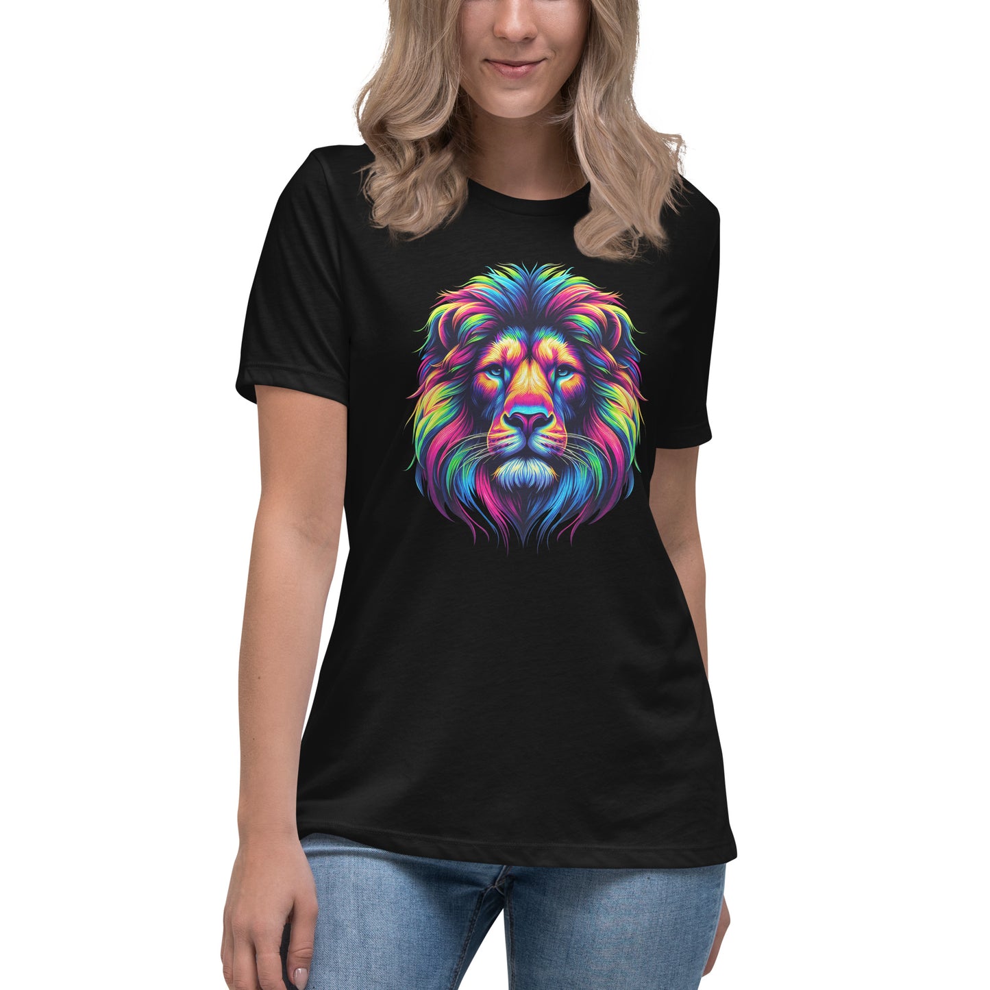 Colourful rainbow lion head graphic printed on a white t-shirt.