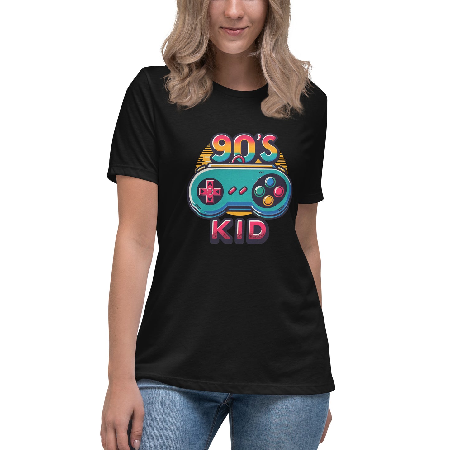 "Retro 90s game controller graphic with 90s Kid text on t-shirt"