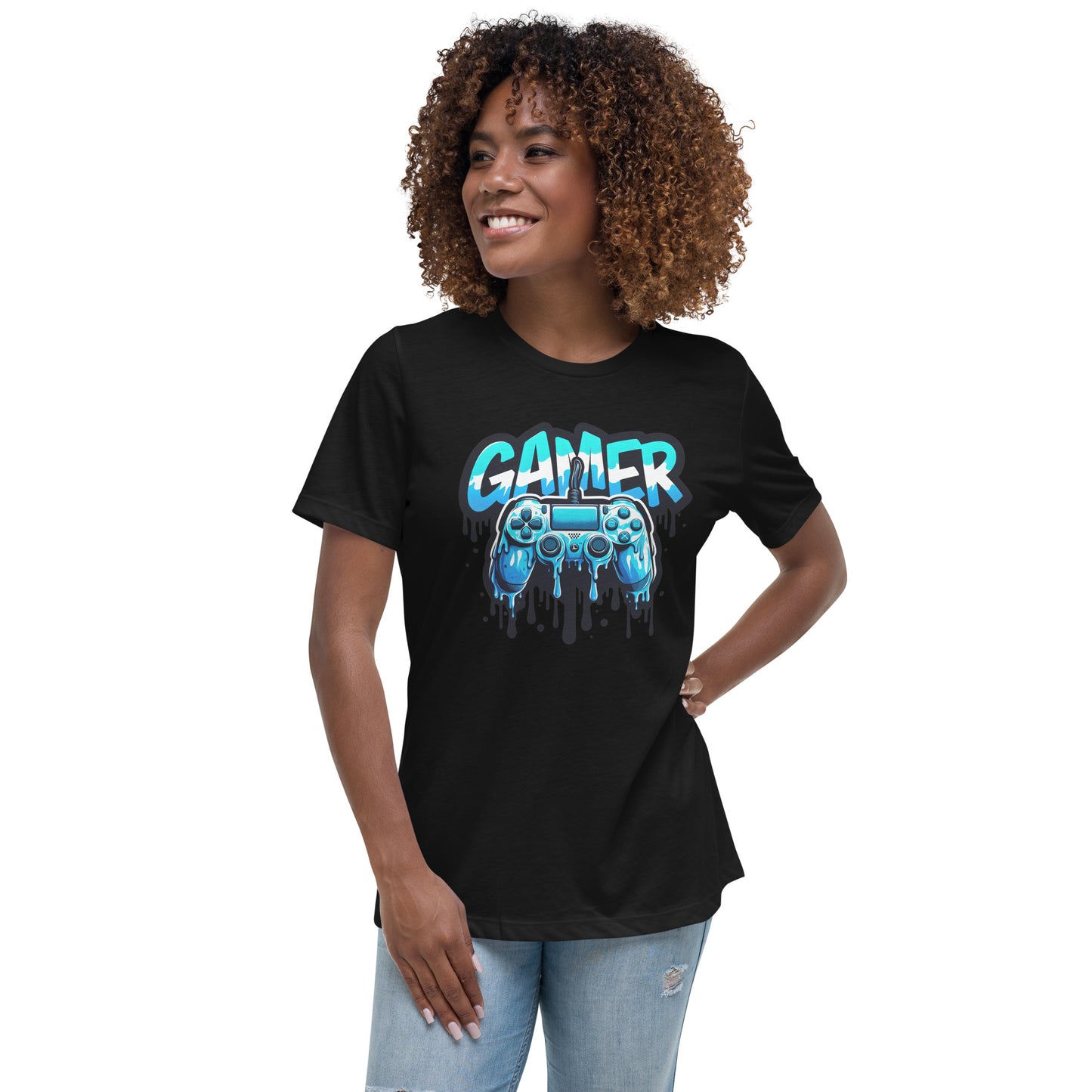 Blue dripping game controller with bold “GAMER” text – cool graphic gaming t-shirt