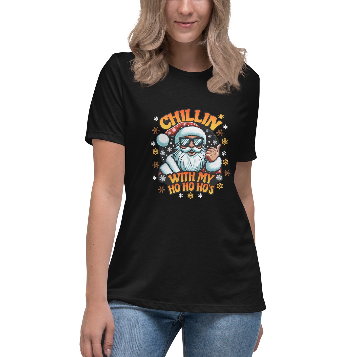 Santa Claus wearing sunglasses with “Chillin with my Ho Ho Ho’s” text – funny Christmas t-shirt design