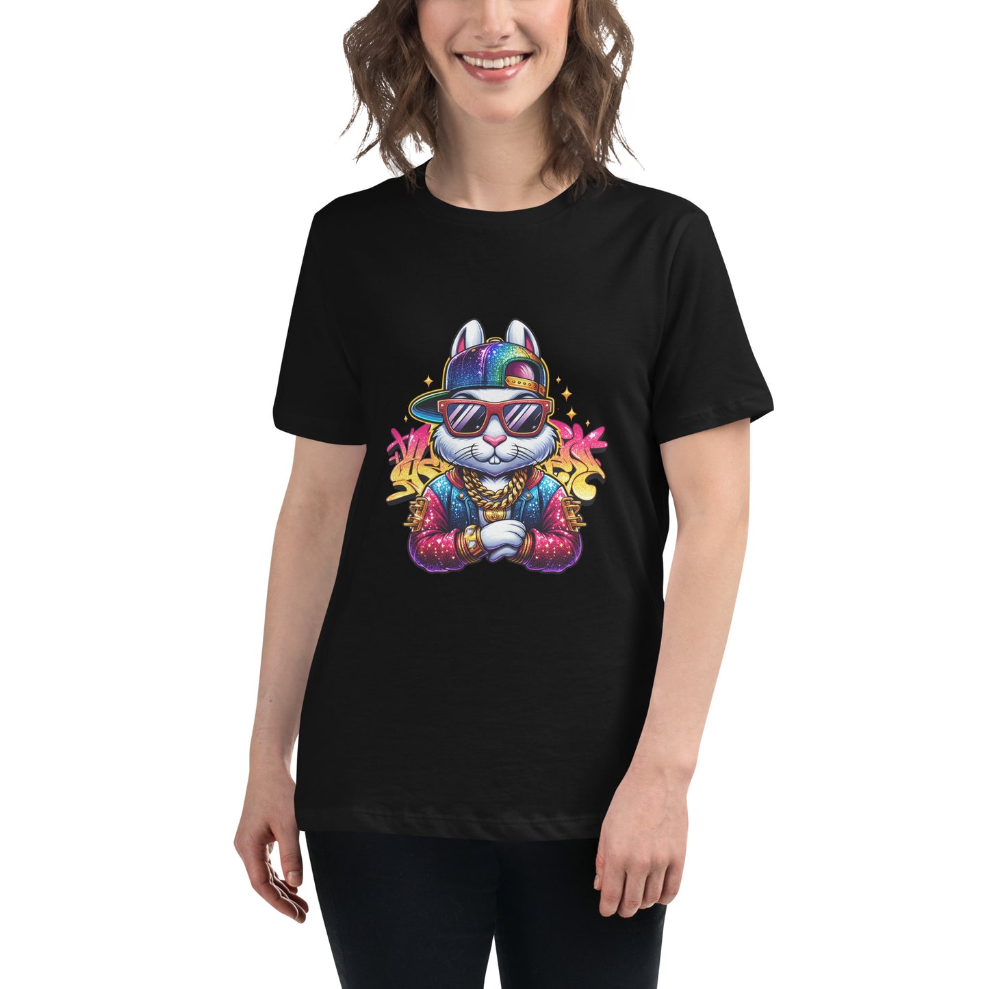 Cartoon bunny wearing sunglasses, snapback hat and gold chain on a colourful urban-style graphic t-shirt