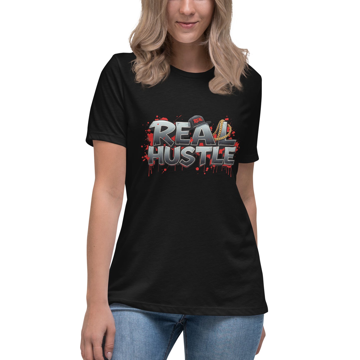 Real Hustle graphic t-shirt design with metallic lettering, gold chain, cap and red paint splatter background