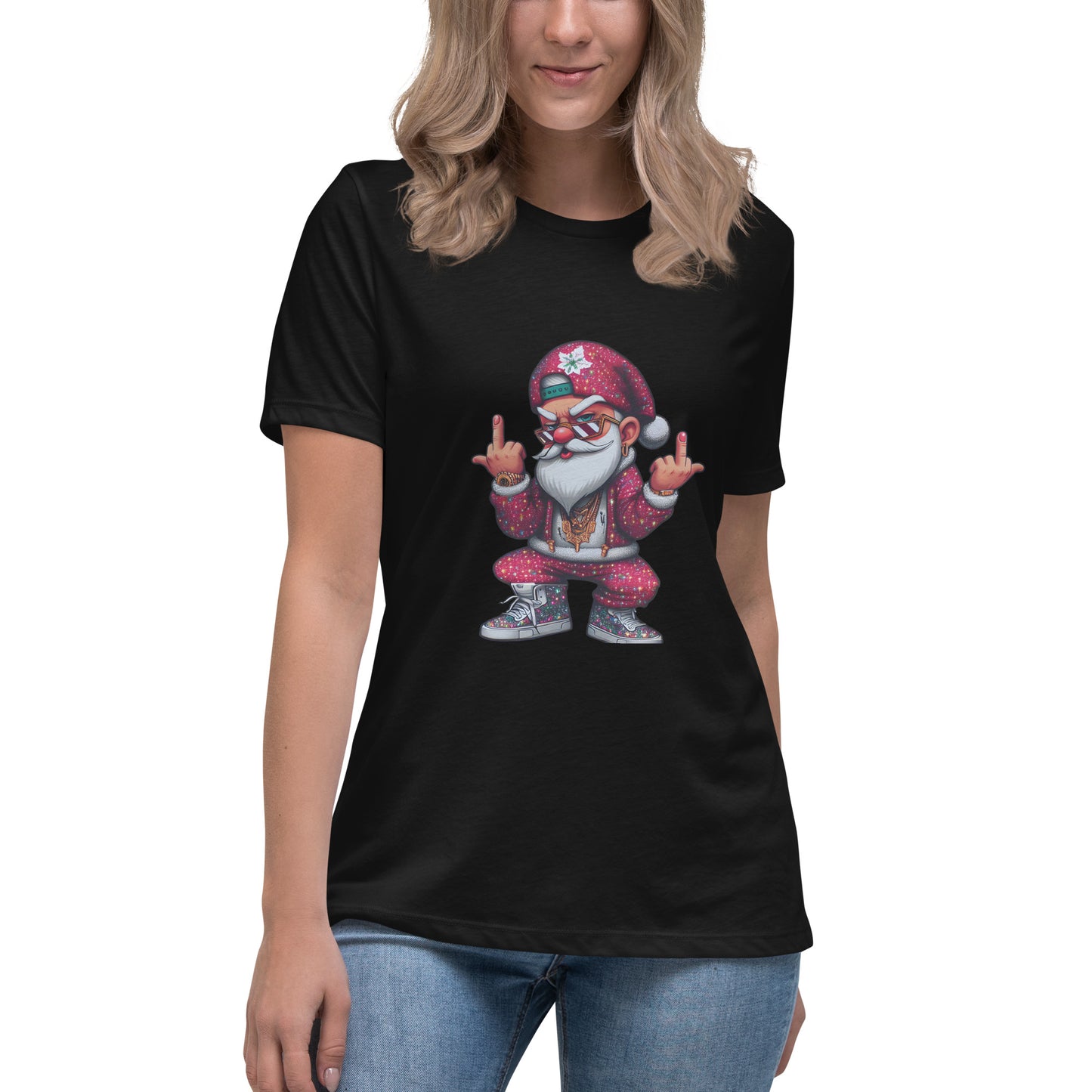 Cool gangster Santa Claus in streetwear with gold chains and sneakers, flipping the bird – bold Christmas graphic design.