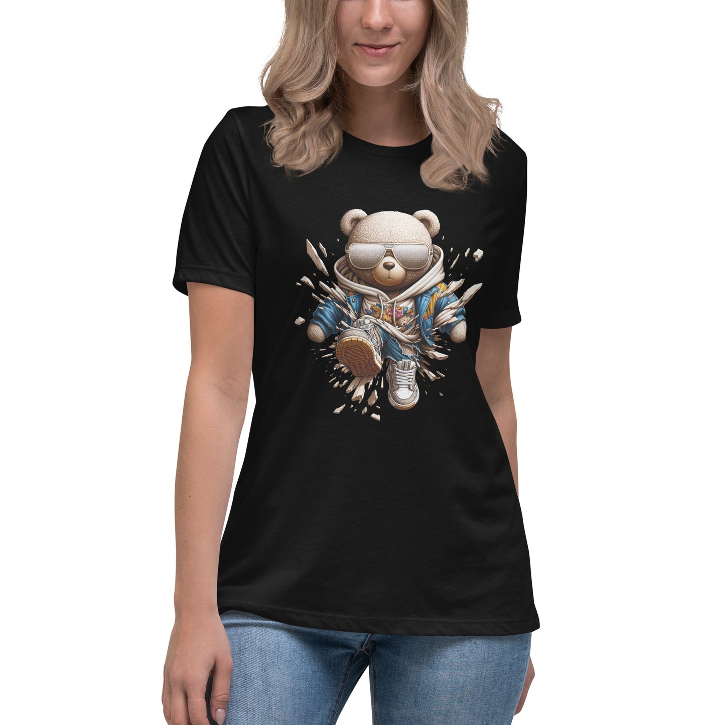 Cool teddy bear streetwear graphic t-shirt with hoodie and sunglasses.
