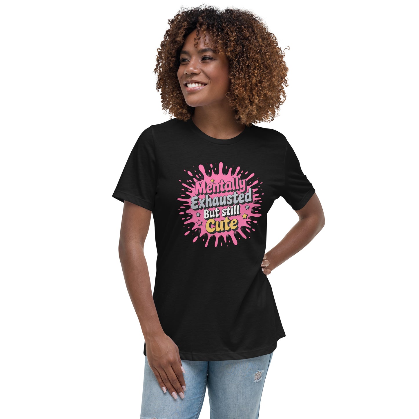 Funny t-shirt with the quote “Mentally exhausted but still cute” in pink bubble style.