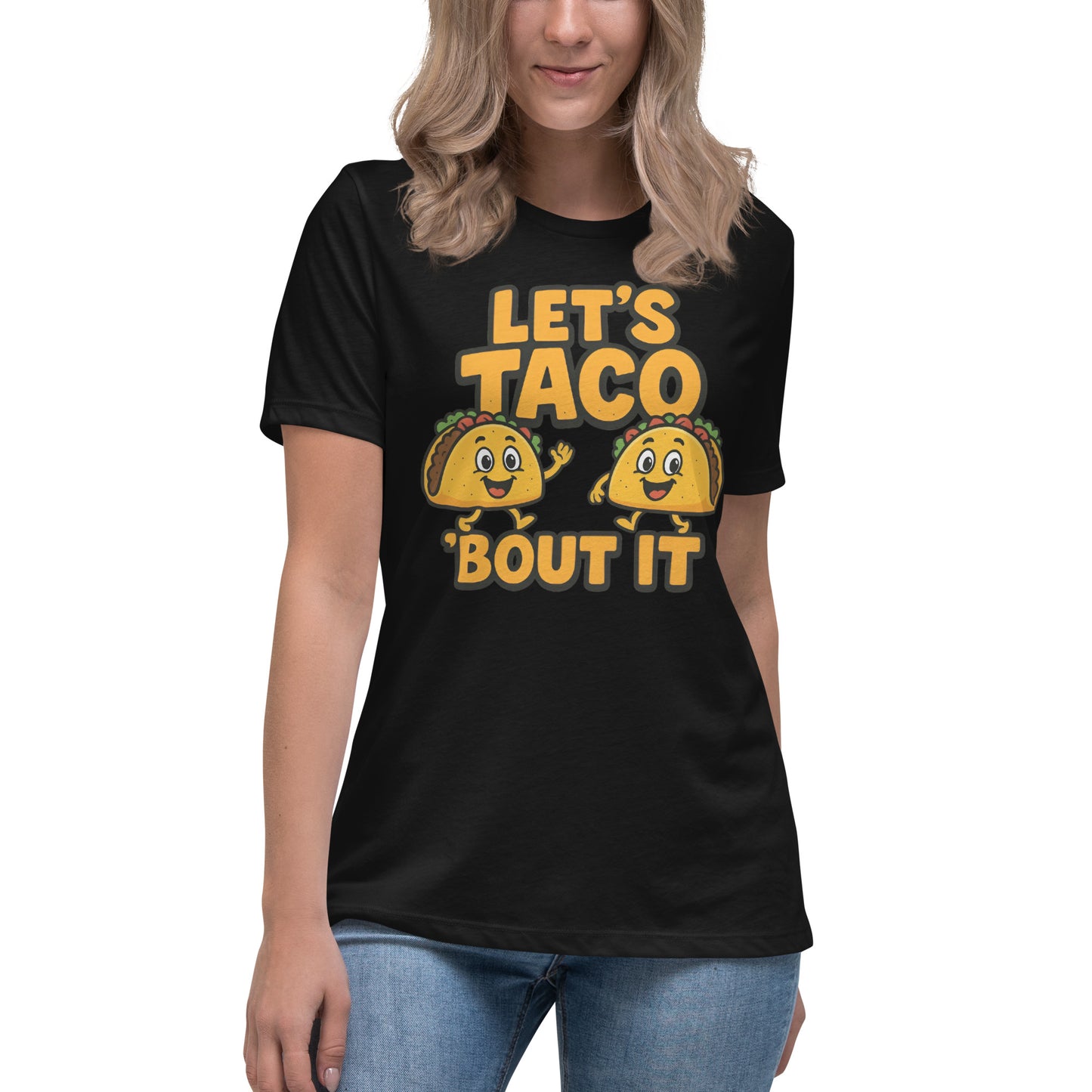 Let’s Taco ’Bout It funny graphic t-shirt with smiling taco design in yellow and green DTF print