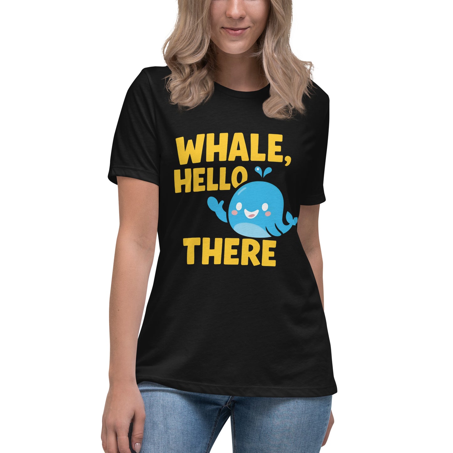 Whale Hello There t-shirt with cute blue whale cartoon design in DTF print