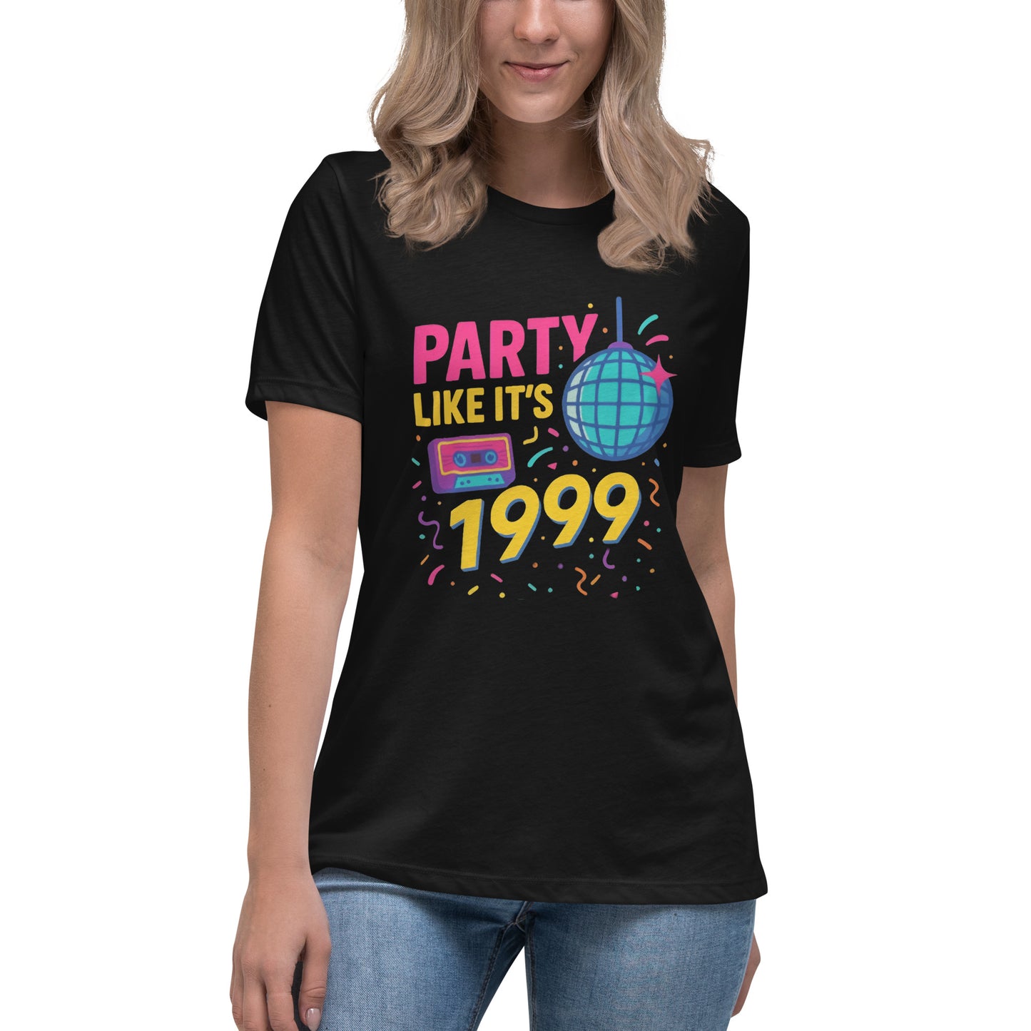 Party Like It’s 1999 funny retro graphic t shirt with disco ball and cassette design in colourful DTF print