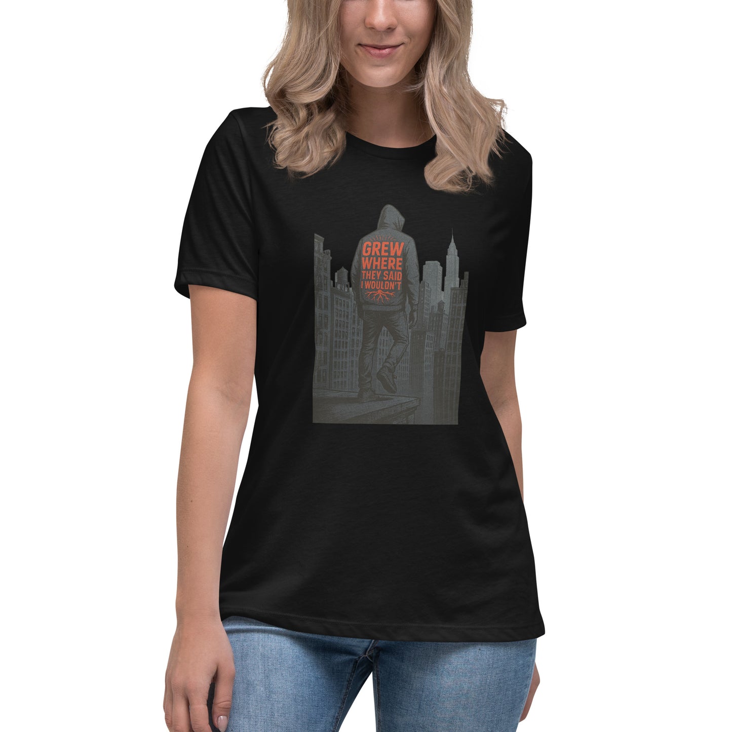 Grew Where They Said I Wouldn’t inspirational graphic t shirt in urban streetwear style with bold red lettering DTF print