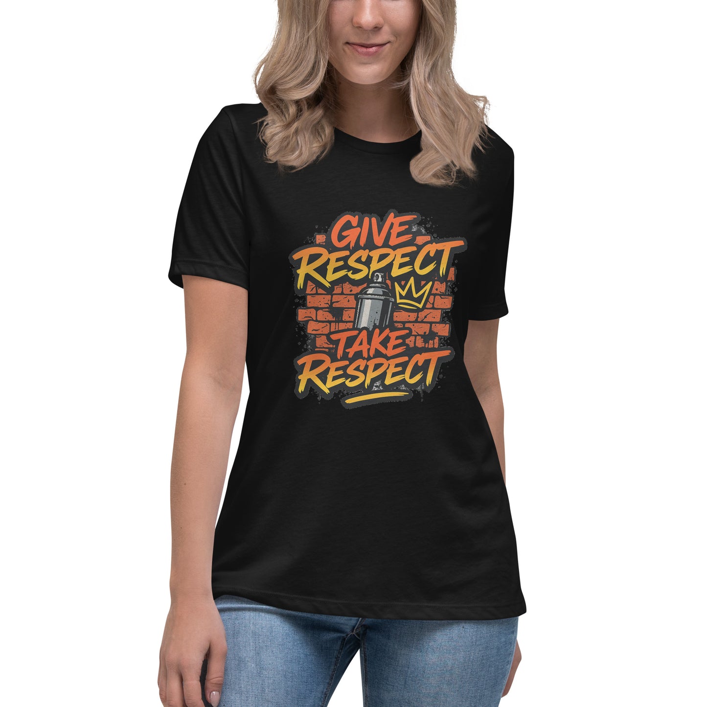 Give Respect Take Respect graffiti streetwear t shirt with spray can and crown design in DTF print