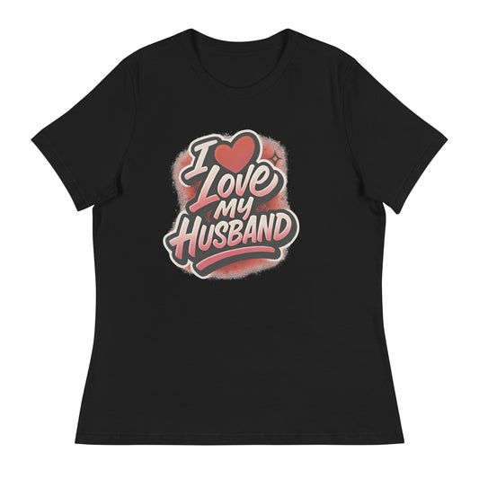 Close-up of heart and 'I Love My Husband' design on cotton tee