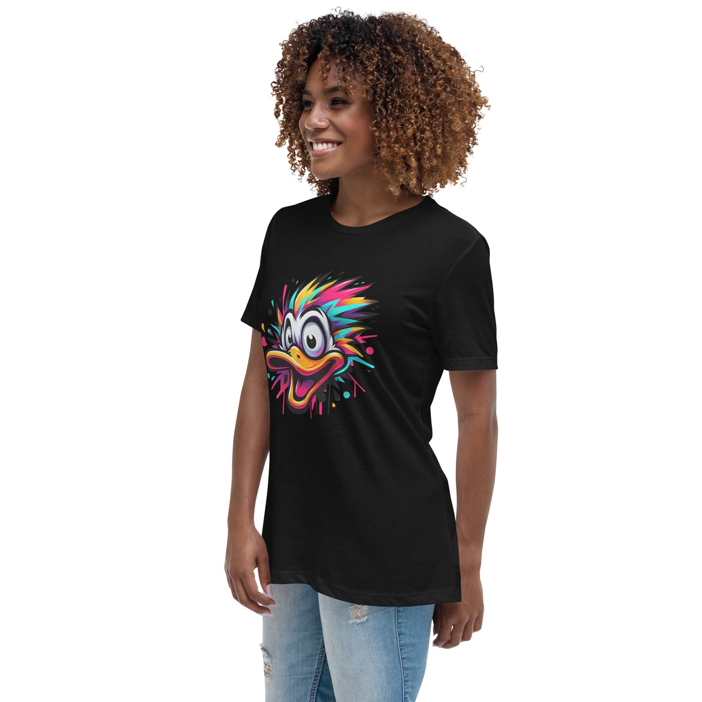 Funny colourful cartoon duck graphic on t-shirt for men and women.