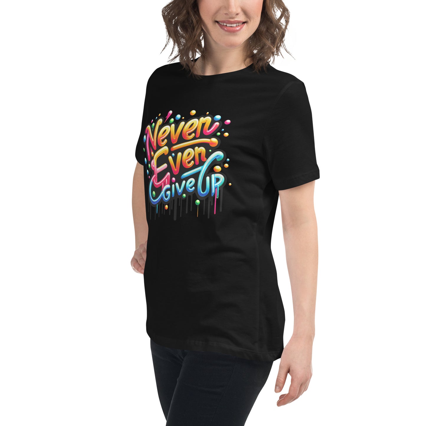 colourful graffiti text never ever give up motivational t-shirt streetwear style