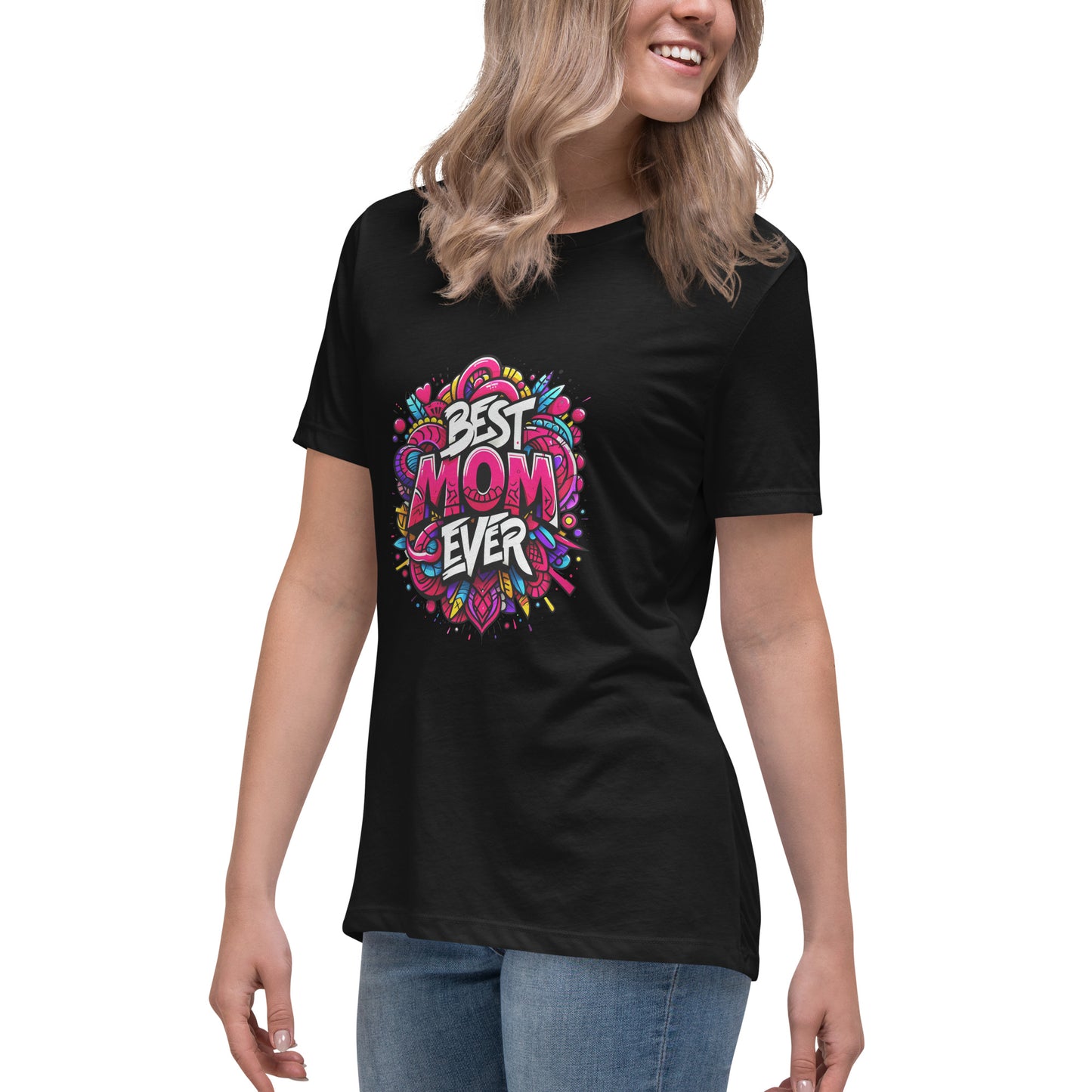 Graffiti t-shirt with “Best Mum Ever” in colourful floral and heart-themed street art