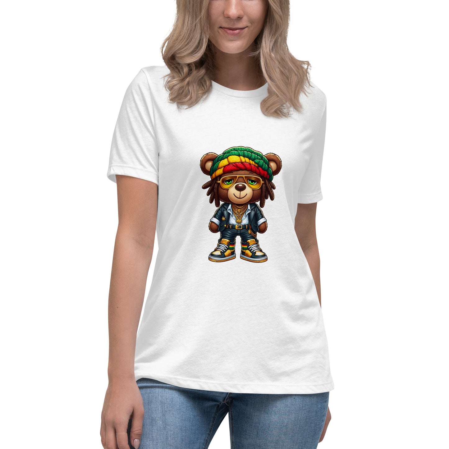 Rasta bear graphic wearing a colourful hat, gold chains, sunglasses, and streetwear – reggae and urban fashion inspired illustration.