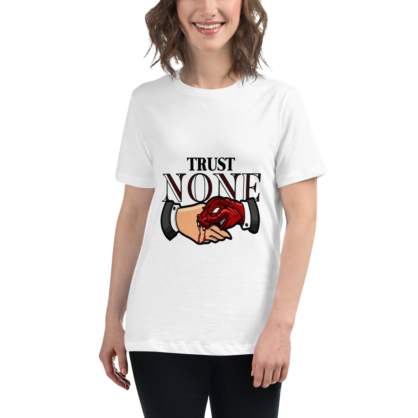 Trust None T-shirt with snake-hand handshake and bold message