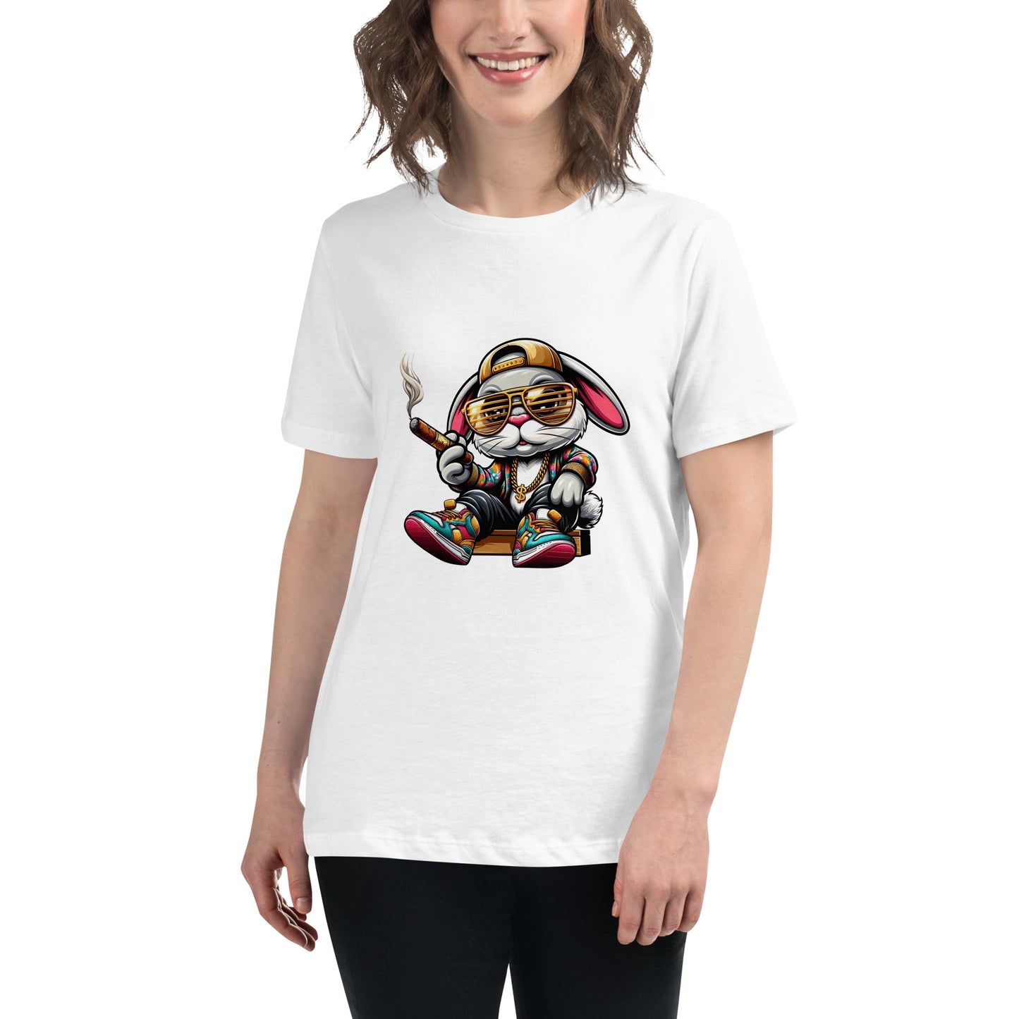 Cartoon bunny in sunglasses smoking a cigar, wearing colourful sneakers and gold chains – street-style.