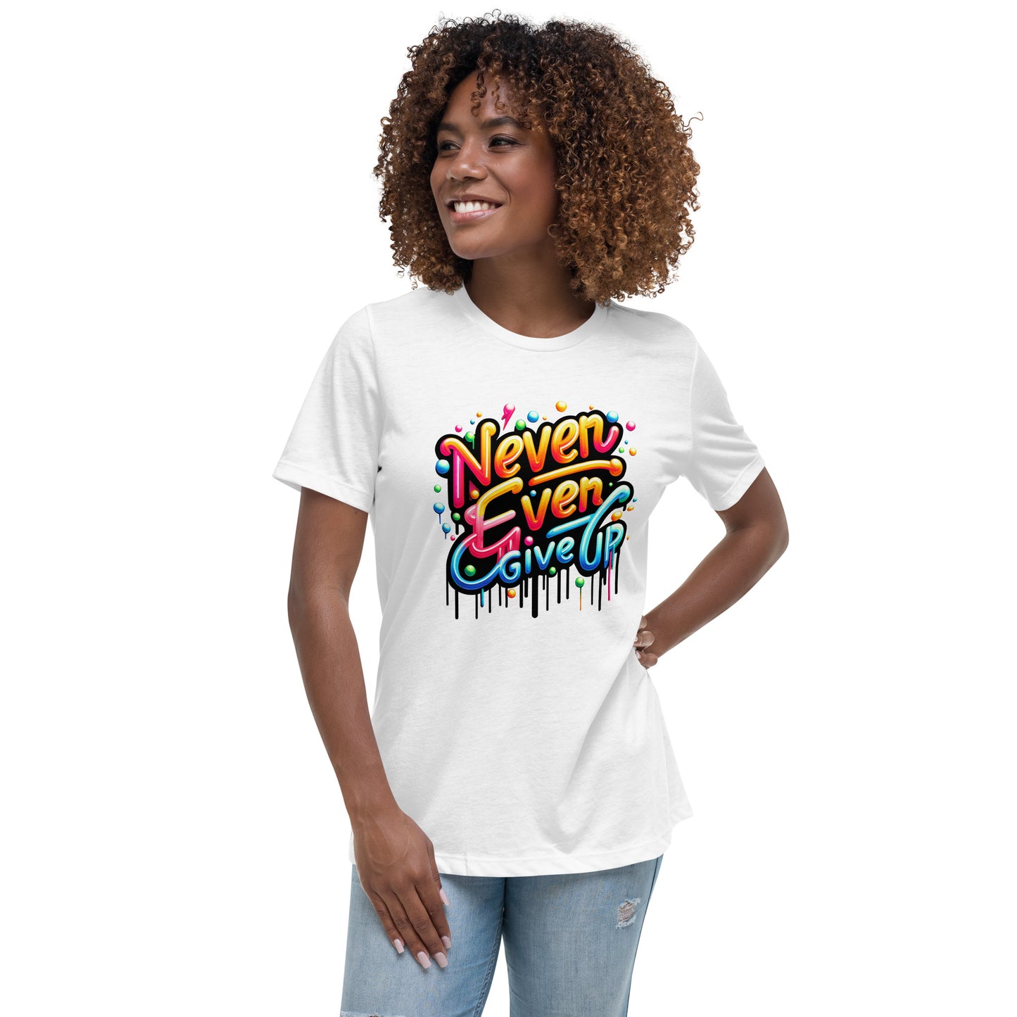 colourful graffiti text never ever give up motivational t-shirt streetwear style