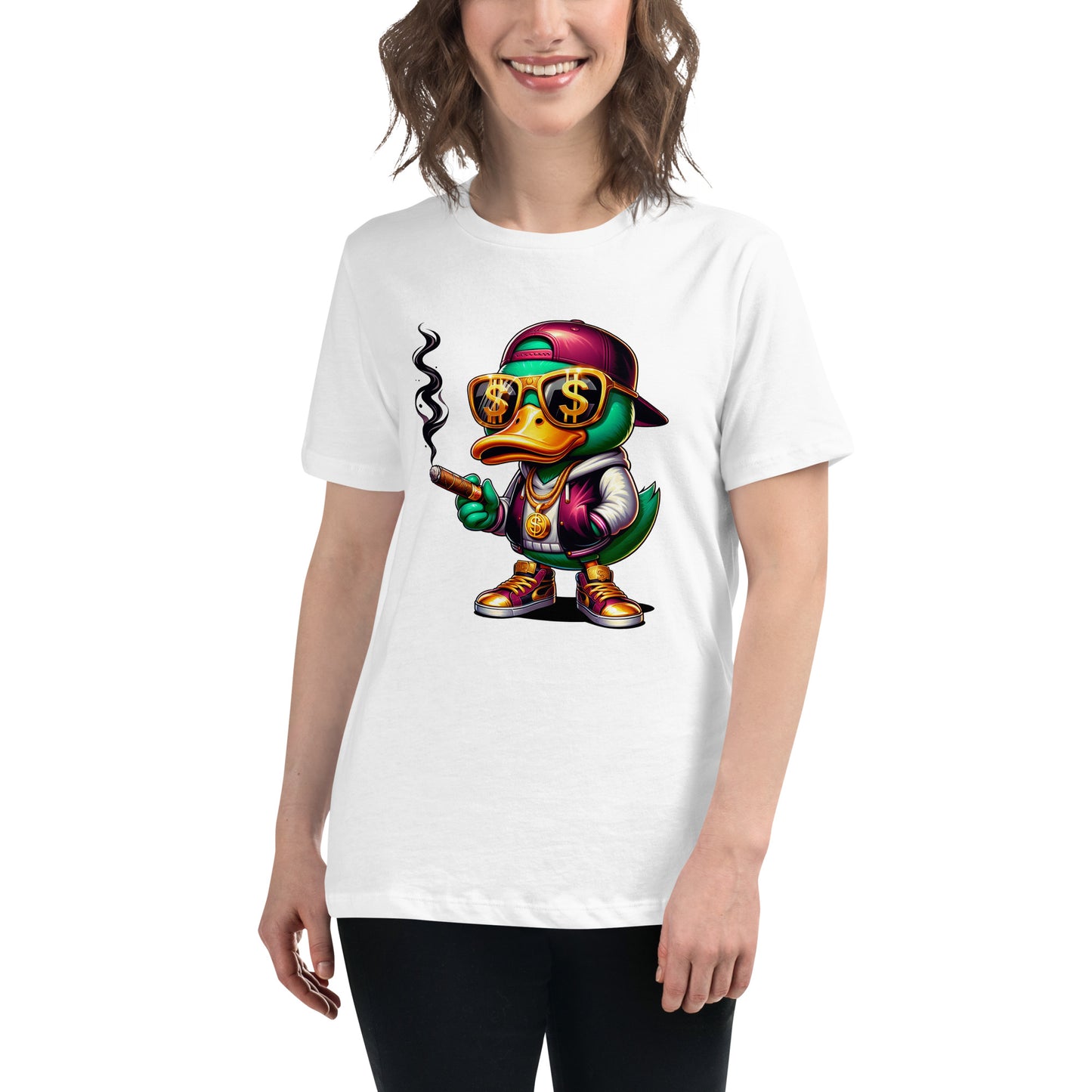 cartoon duck wearing gold chains dollar glasses smoking cigar graphic t-shirt