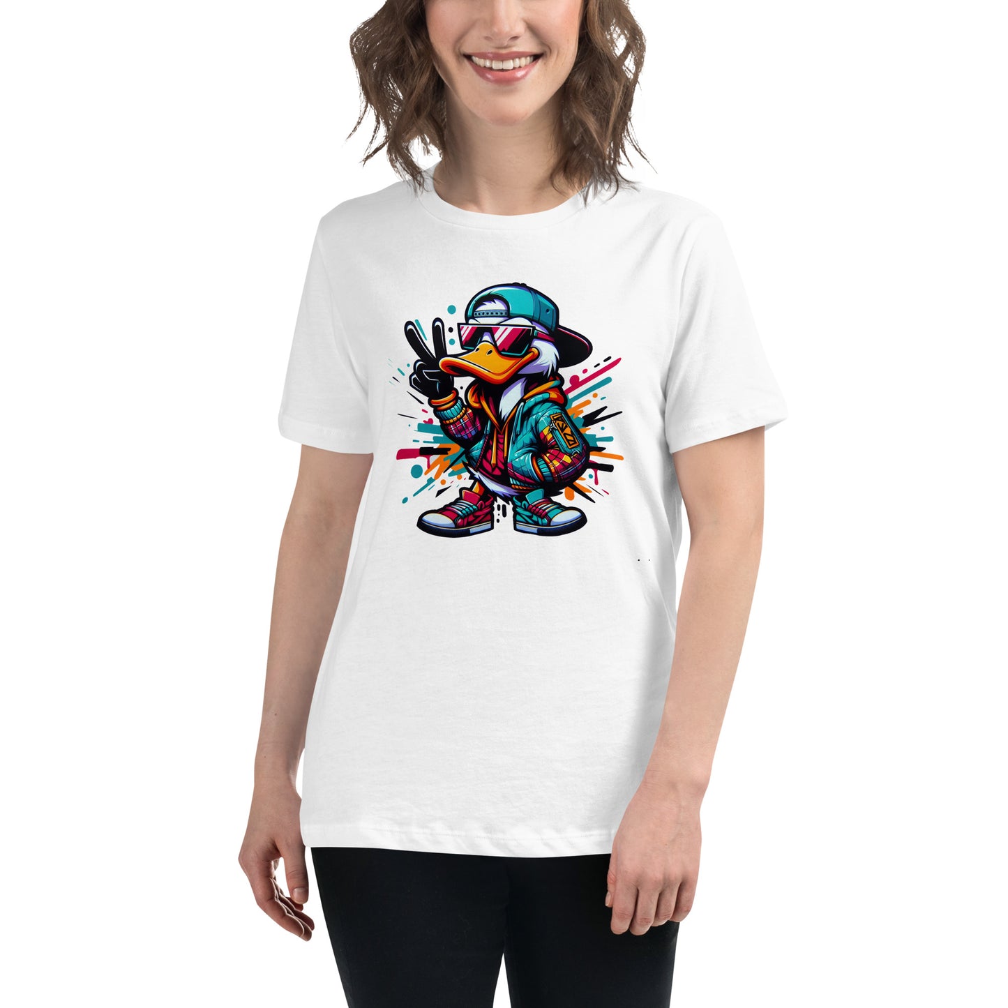 cool duck wearing cap sunglasses graffiti streetwear cartoon t-shirt design