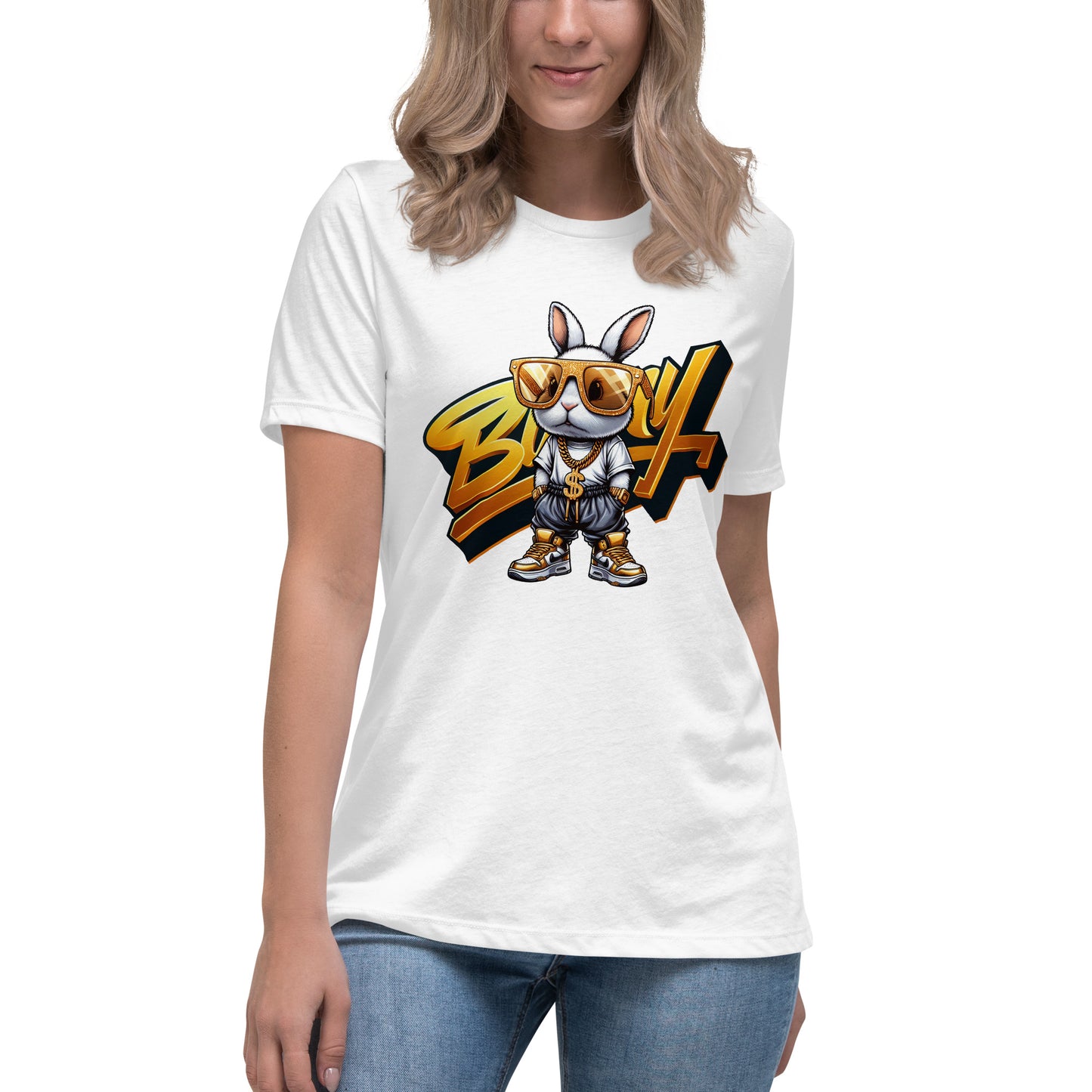 Cartoon bunny in gold sunglasses and chains, dressed in hip hop streetwear with gold shoes.