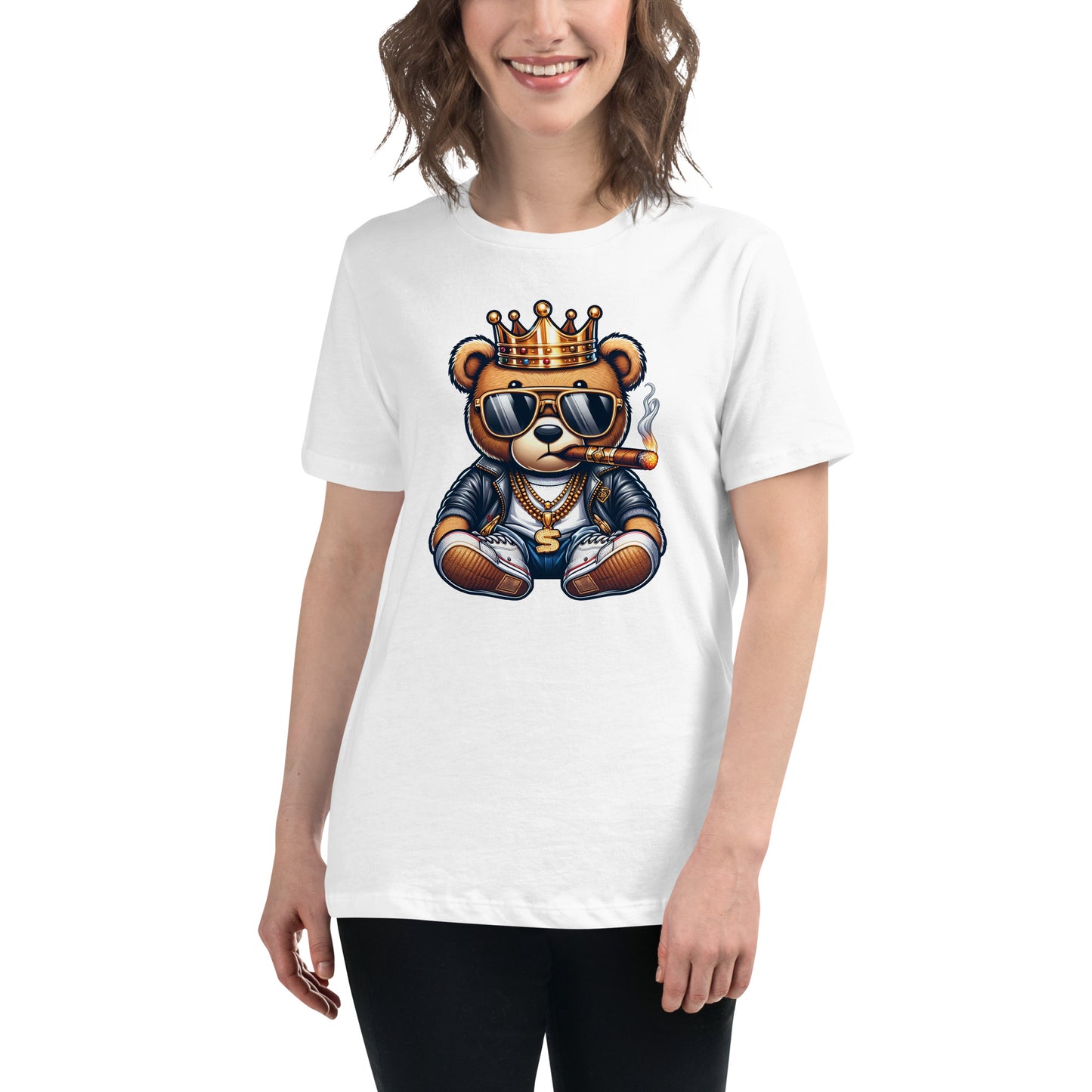 Gangsta teddy bear with crown, sunglasses, gold chains and cigar printed on white t-shirt.
