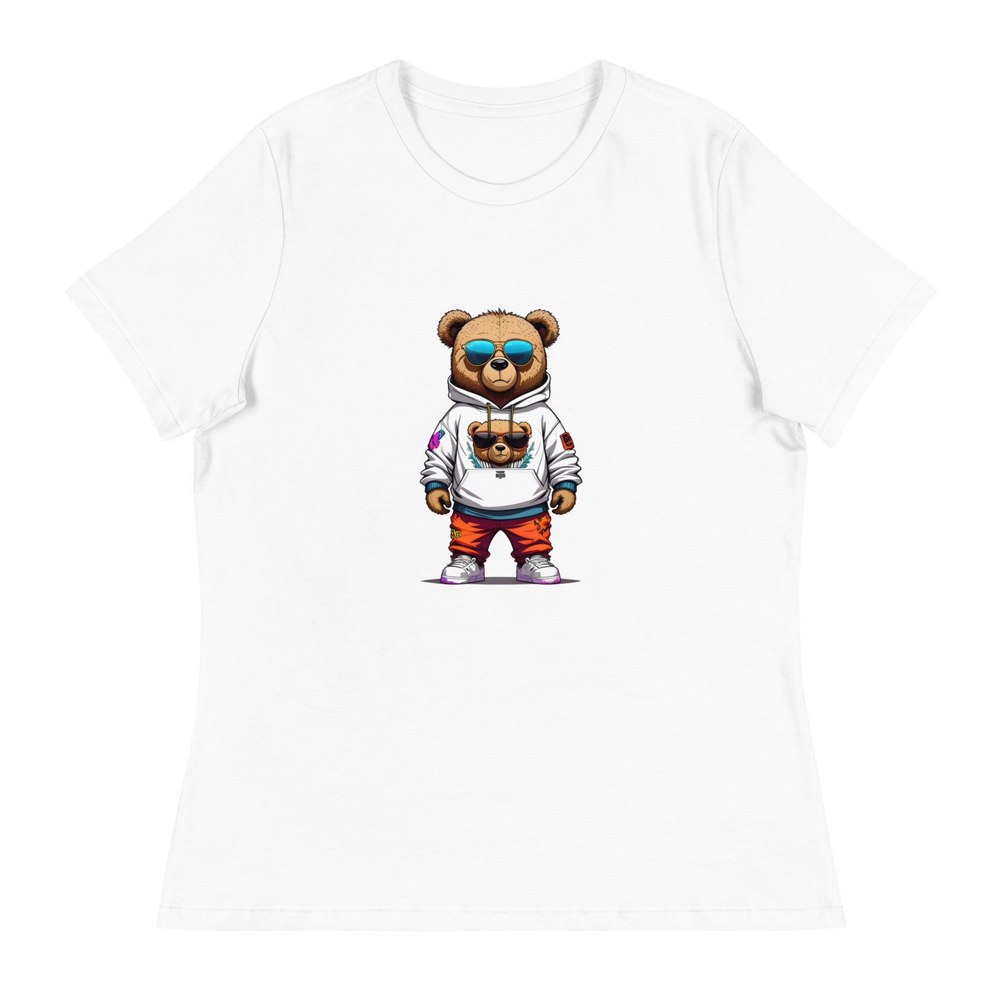 "Street style teddy bear in hoodie, shades and sneakers graphic on t-shirt"